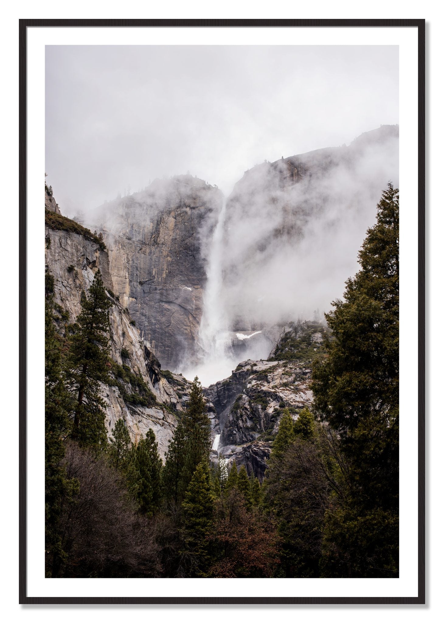 Framed photograph of Yosemite Falls by Dylan Ozanich, Black Walnut frame, Borders