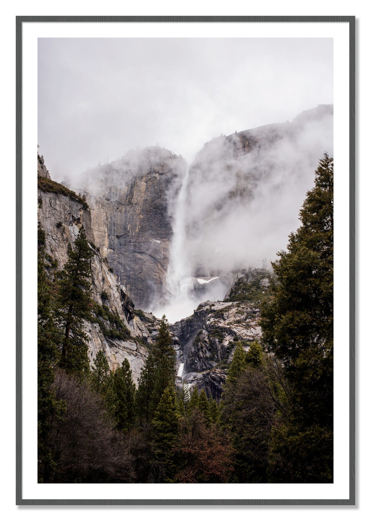 Framed photograph of Yosemite Falls by Dylan Ozanich, Grey frame, Borders