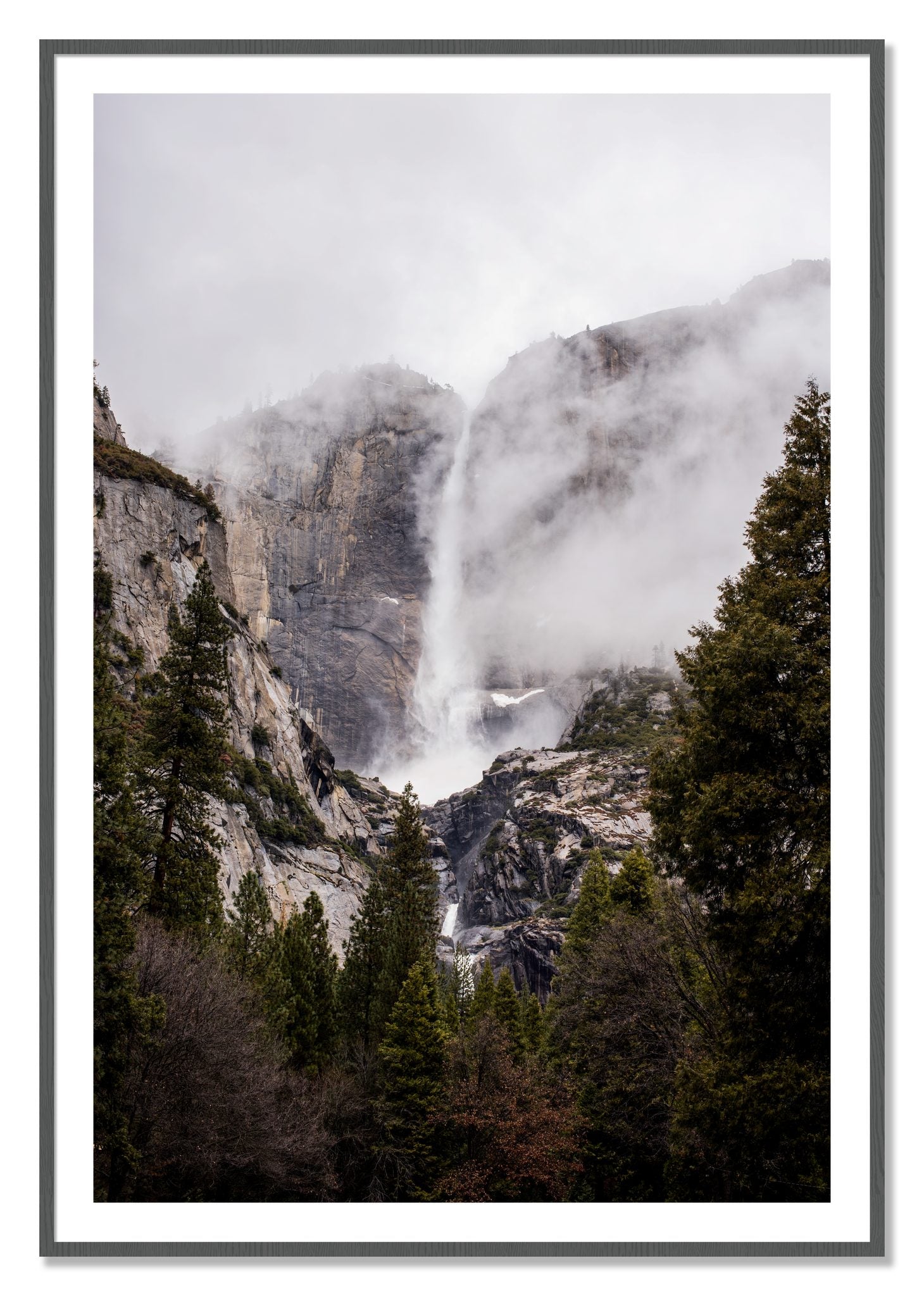 Framed photograph of Yosemite Falls by Dylan Ozanich, Grey frame, Borders
