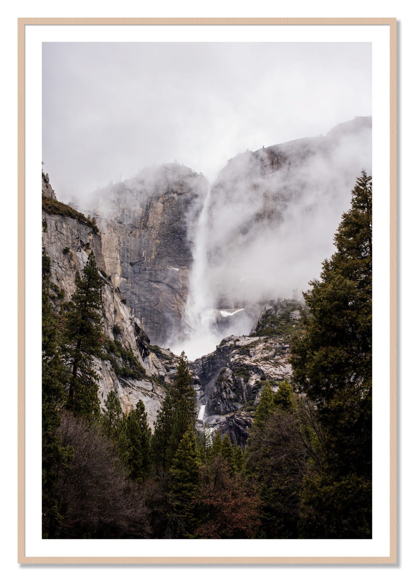 Framed photograph of Yosemite Falls by Dylan Ozanich, Maple frame, Borders