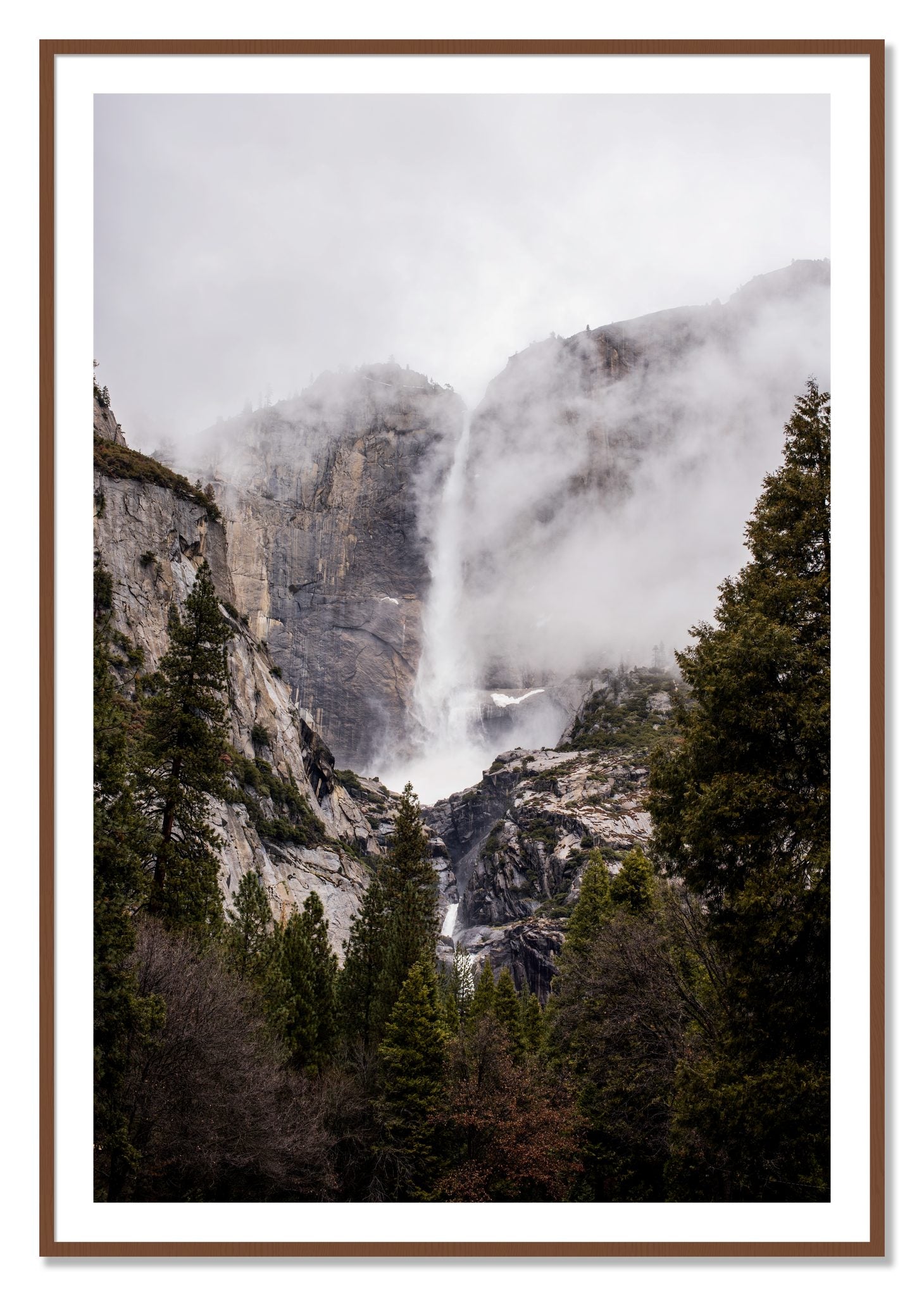 Framed photograph of Yosemite Falls by Dylan Ozanich, Walnut frame, Borders