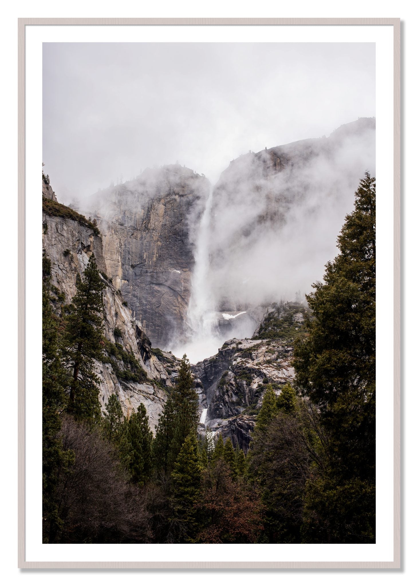 Framed photograph of Yosemite Falls by Dylan Ozanich, White Maple frame, Borders