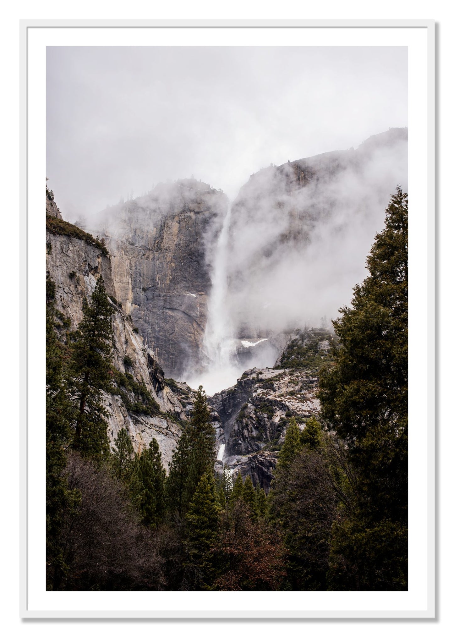 Framed photograph of Yosemite Falls by Dylan Ozanich, White frame, Borders