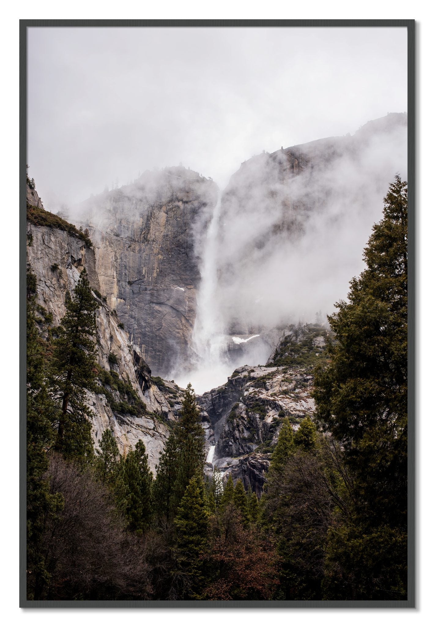 Framed photograph of Yosemite Falls by Dylan Ozanich, Grey frame, Full Bleed