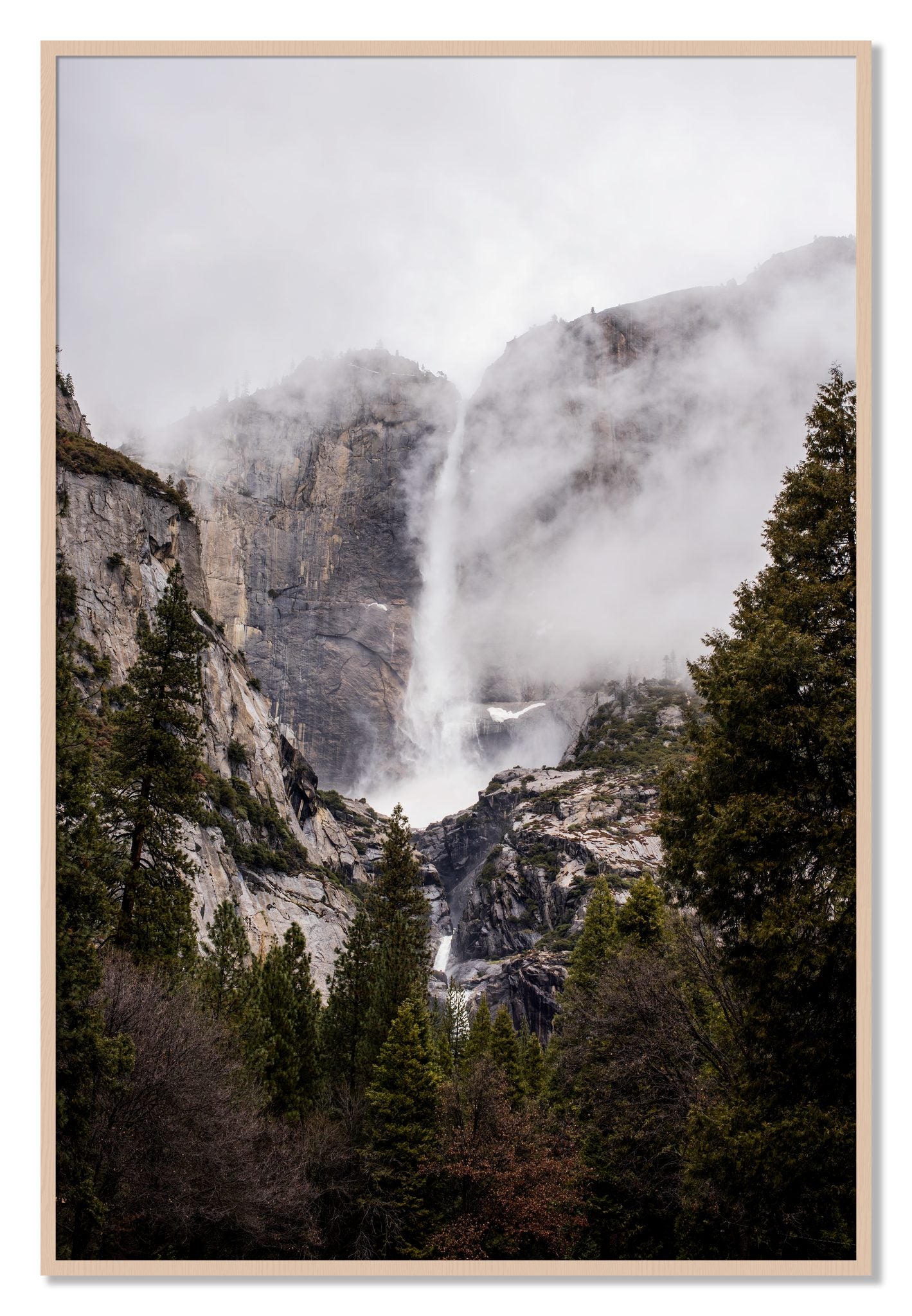 Framed photograph of Yosemite Falls by Dylan Ozanich, Maple frame, Full Bleed