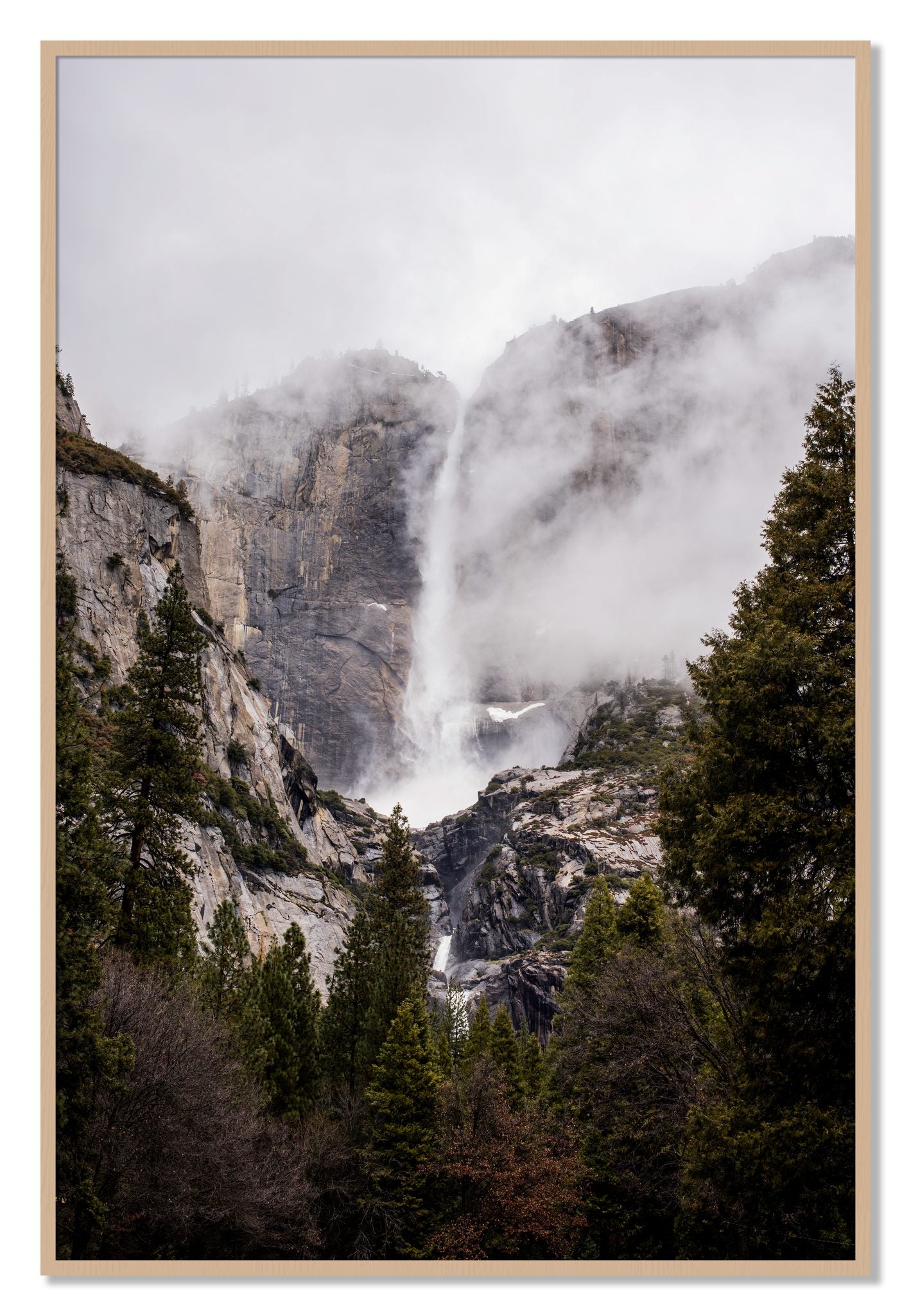 Framed photograph of Yosemite Falls by Dylan Ozanich, Oak frame, Full Bleed