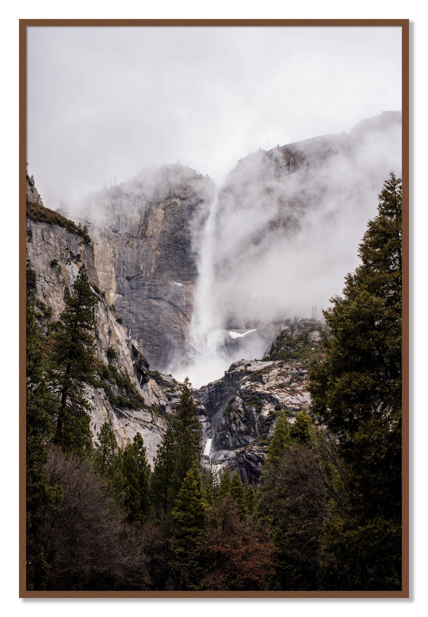 Framed photograph of Yosemite Falls by Dylan Ozanich, Walnut frame, Full Bleed