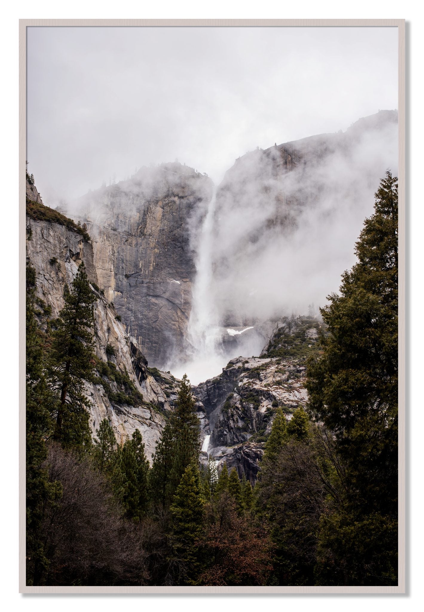 Framed photograph of Yosemite Falls by Dylan Ozanich, White Maple frame, Full Bleed