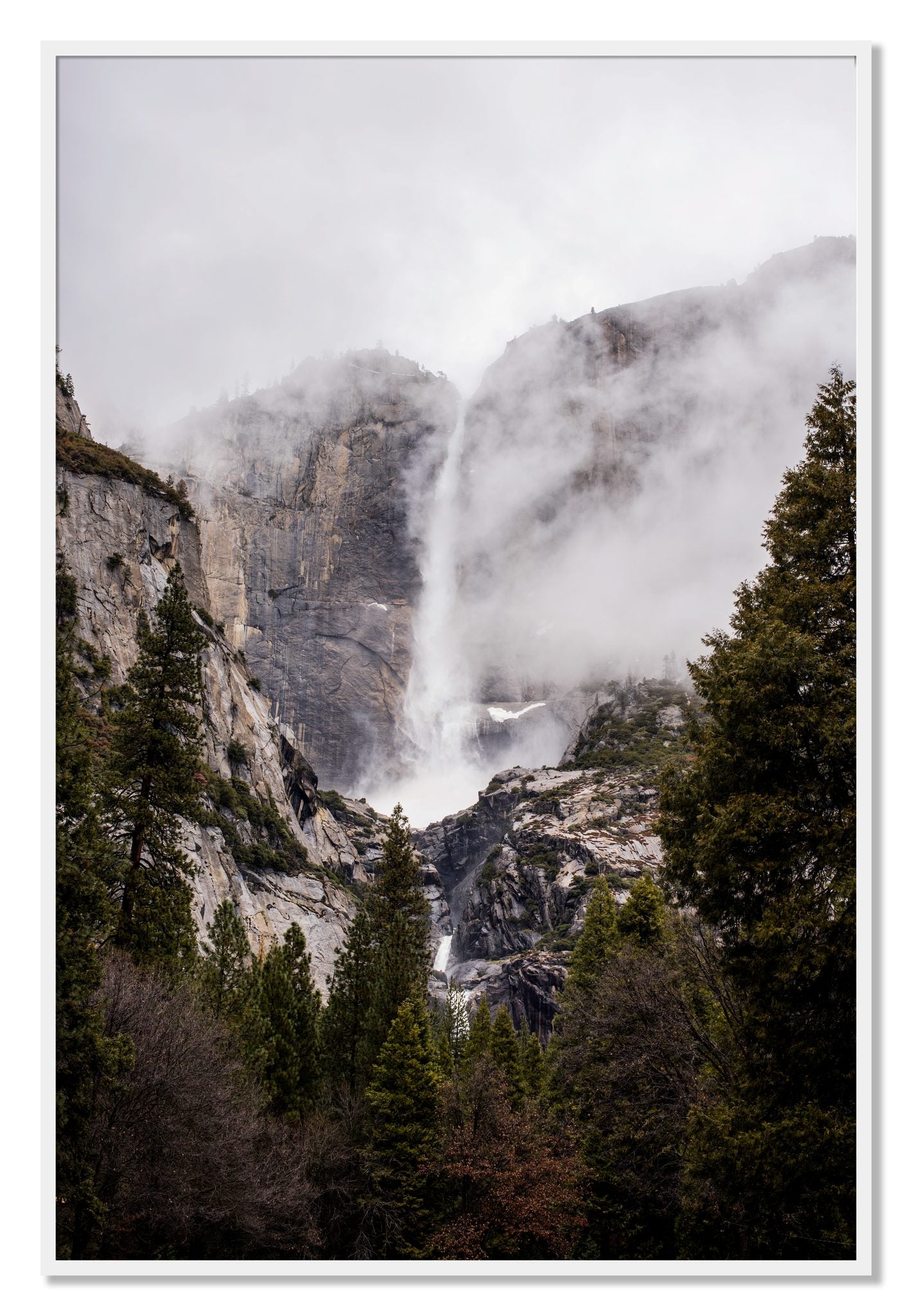 Framed photograph of Yosemite Falls by Dylan Ozanich, White frame, Full Bleed