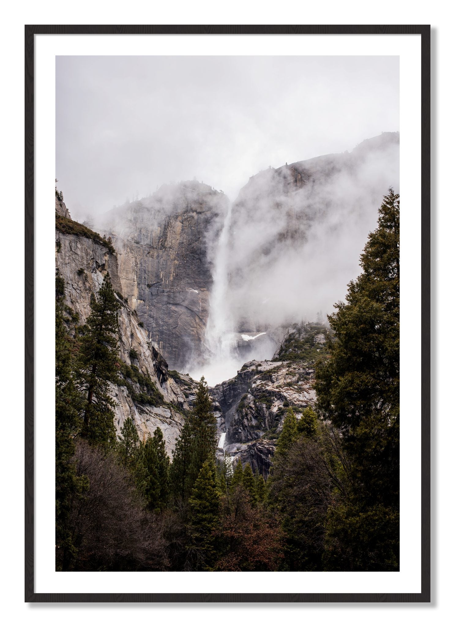Framed photograph of Yosemite Falls by Dylan Ozanich, Black Walnut frame, Borders