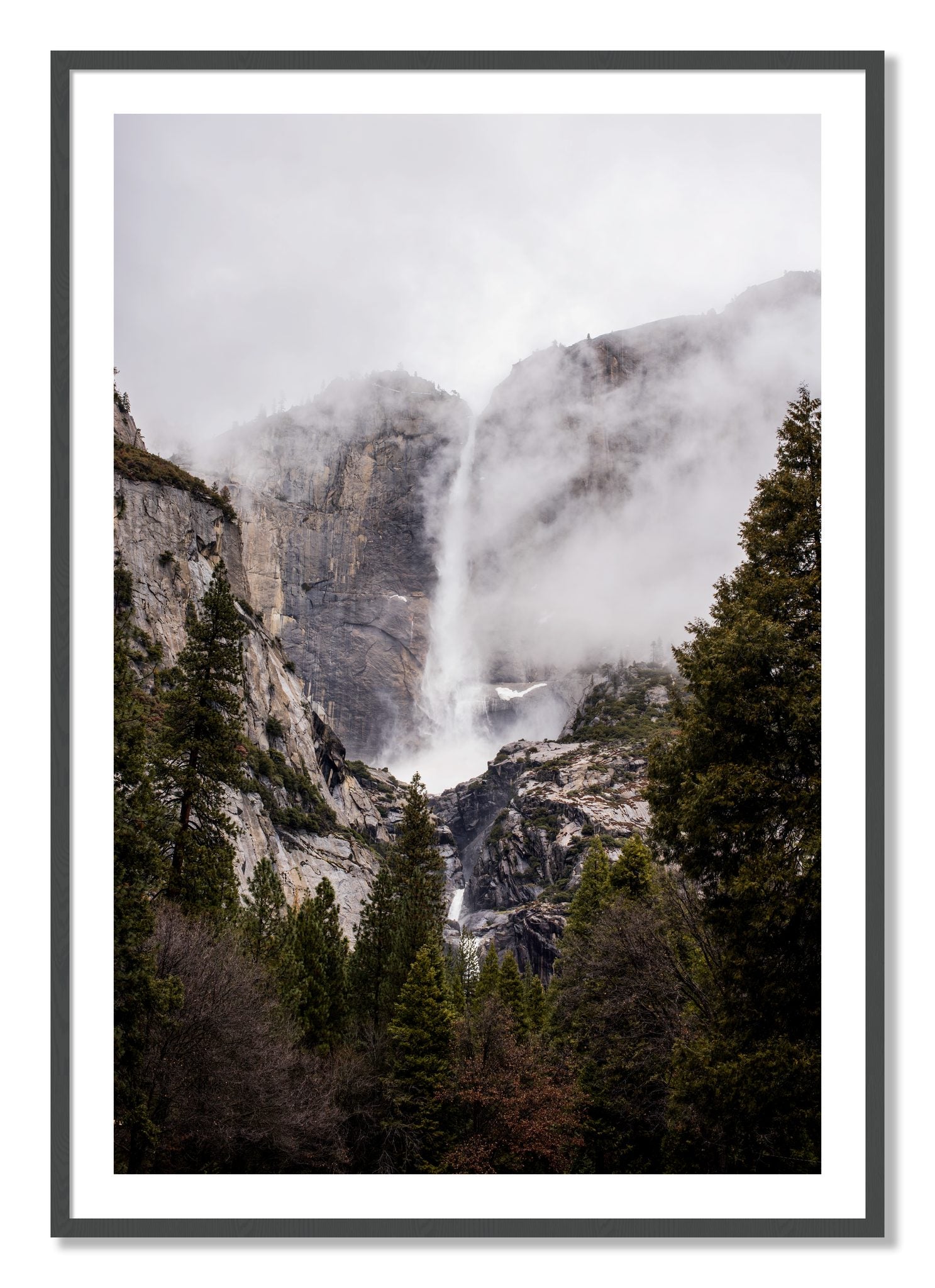 Framed photograph of Yosemite Falls by Dylan Ozanich, Grey frame, Borders