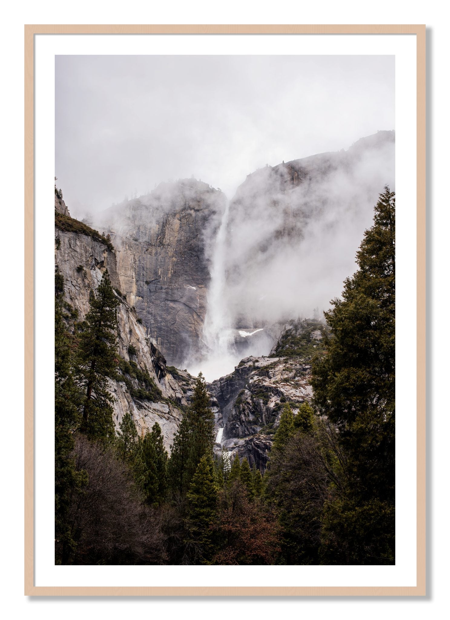 Framed photograph of Yosemite Falls by Dylan Ozanich, Maple frame, Borders