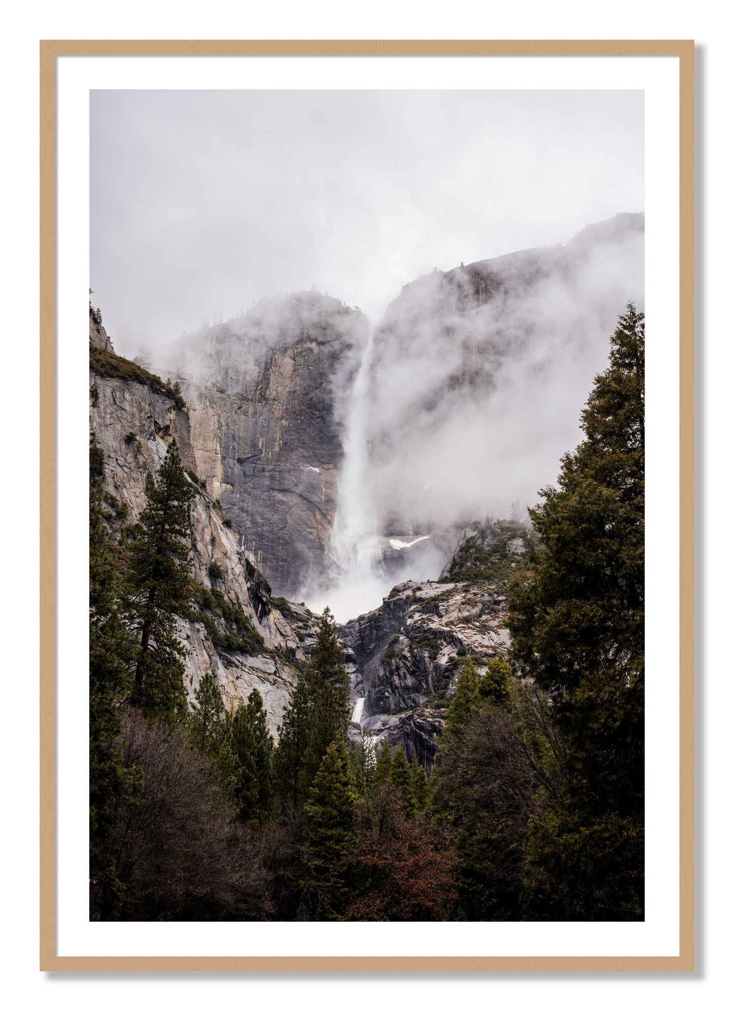 Framed photograph of Yosemite Falls by Dylan Ozanich, Oak frame, Borders