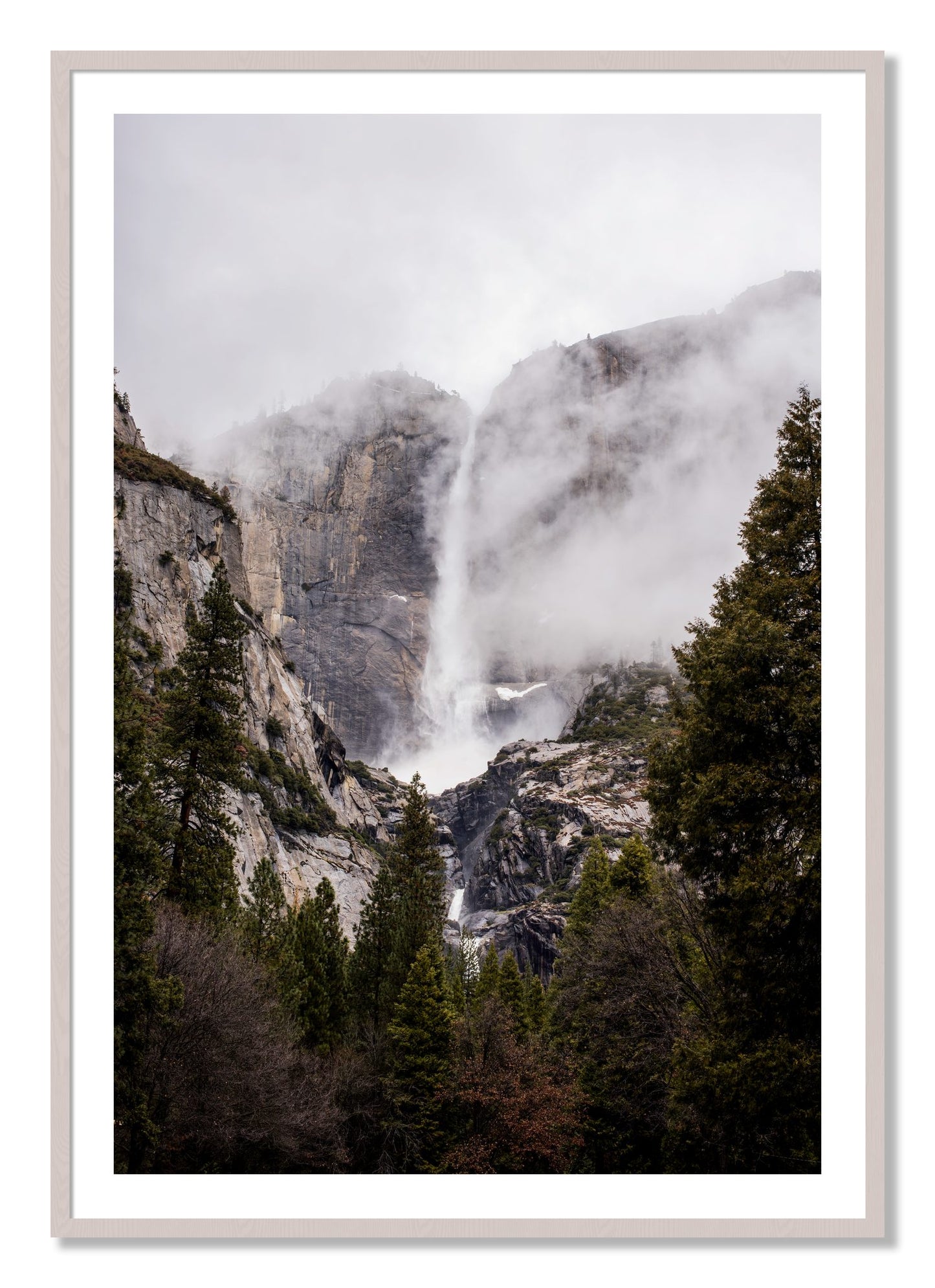 Framed photograph of Yosemite Falls by Dylan Ozanich, White Maple frame, Borders