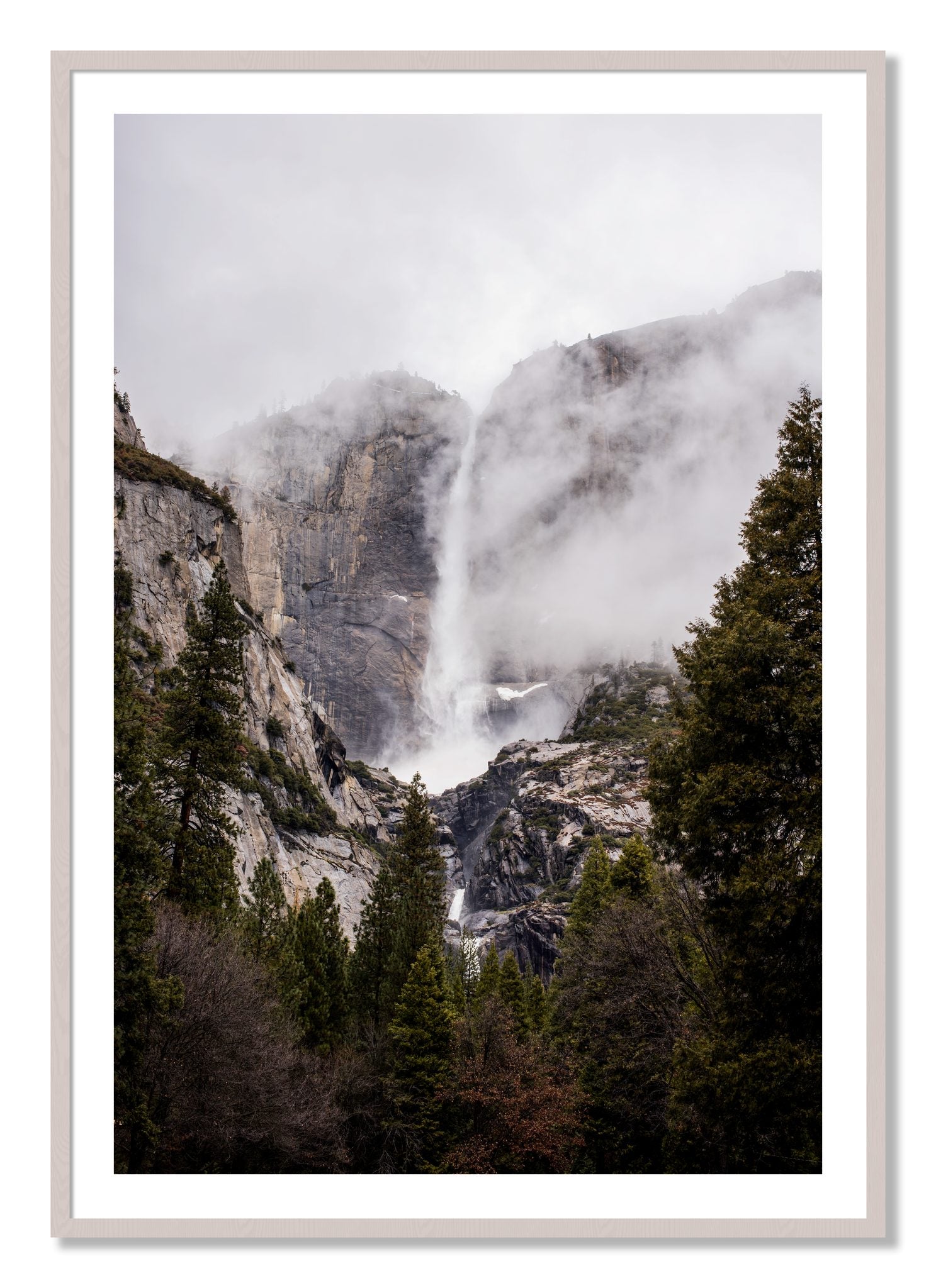 Framed photograph of Yosemite Falls by Dylan Ozanich, White Maple frame, Borders