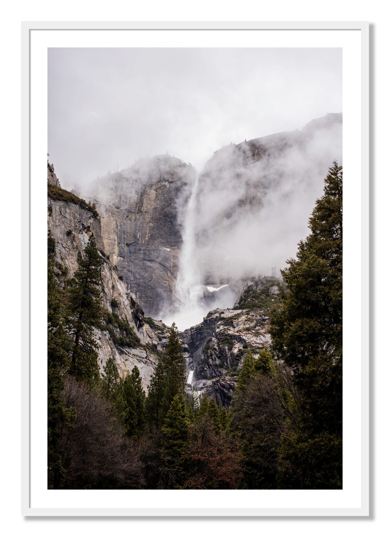 Framed photograph of Yosemite Falls by Dylan Ozanich, White frame, Borders