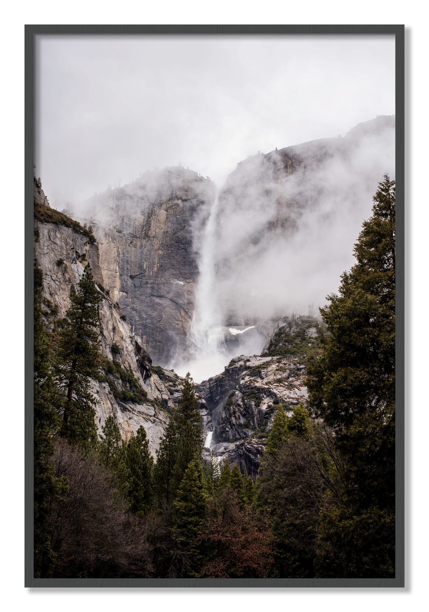 Framed photograph of Yosemite Falls by Dylan Ozanich, Grey frame, Full Bleed