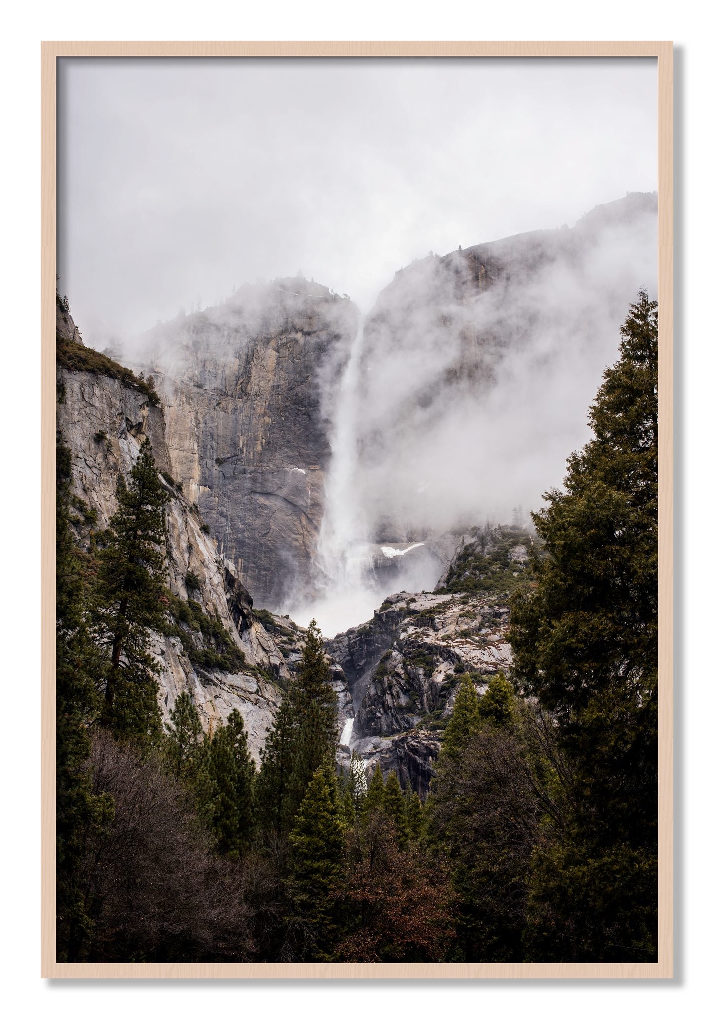 Framed photograph of Yosemite Falls by Dylan Ozanich, Maple frame, Full Bleed