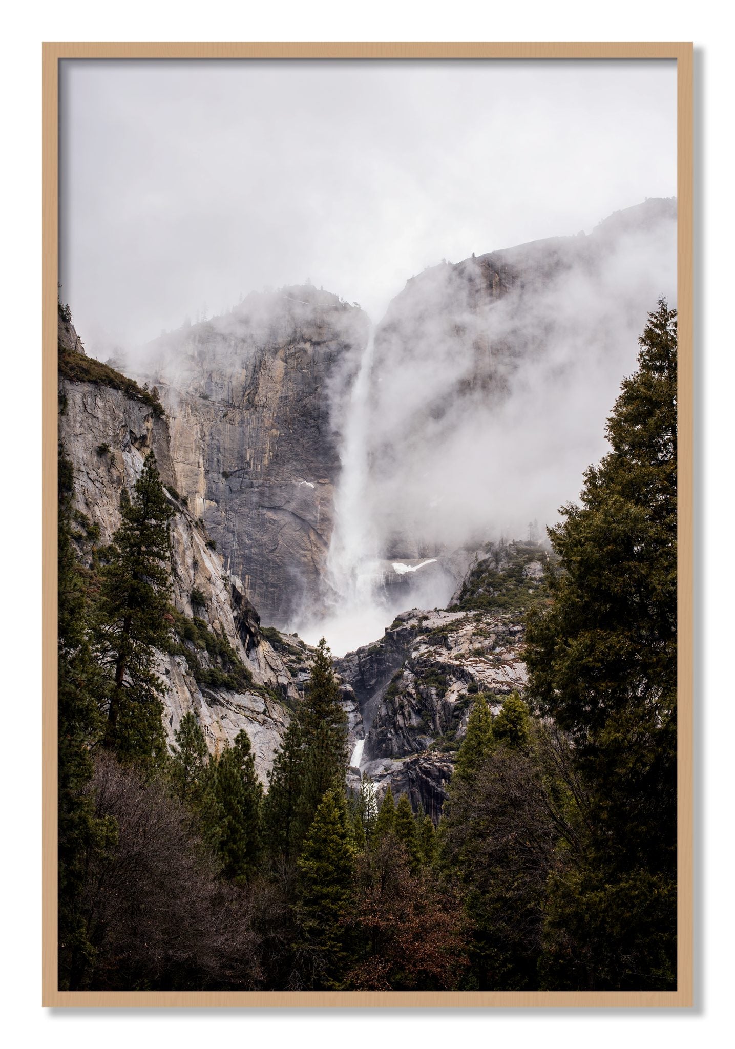 Framed photograph of Yosemite Falls by Dylan Ozanich, Oak frame, Full Bleed