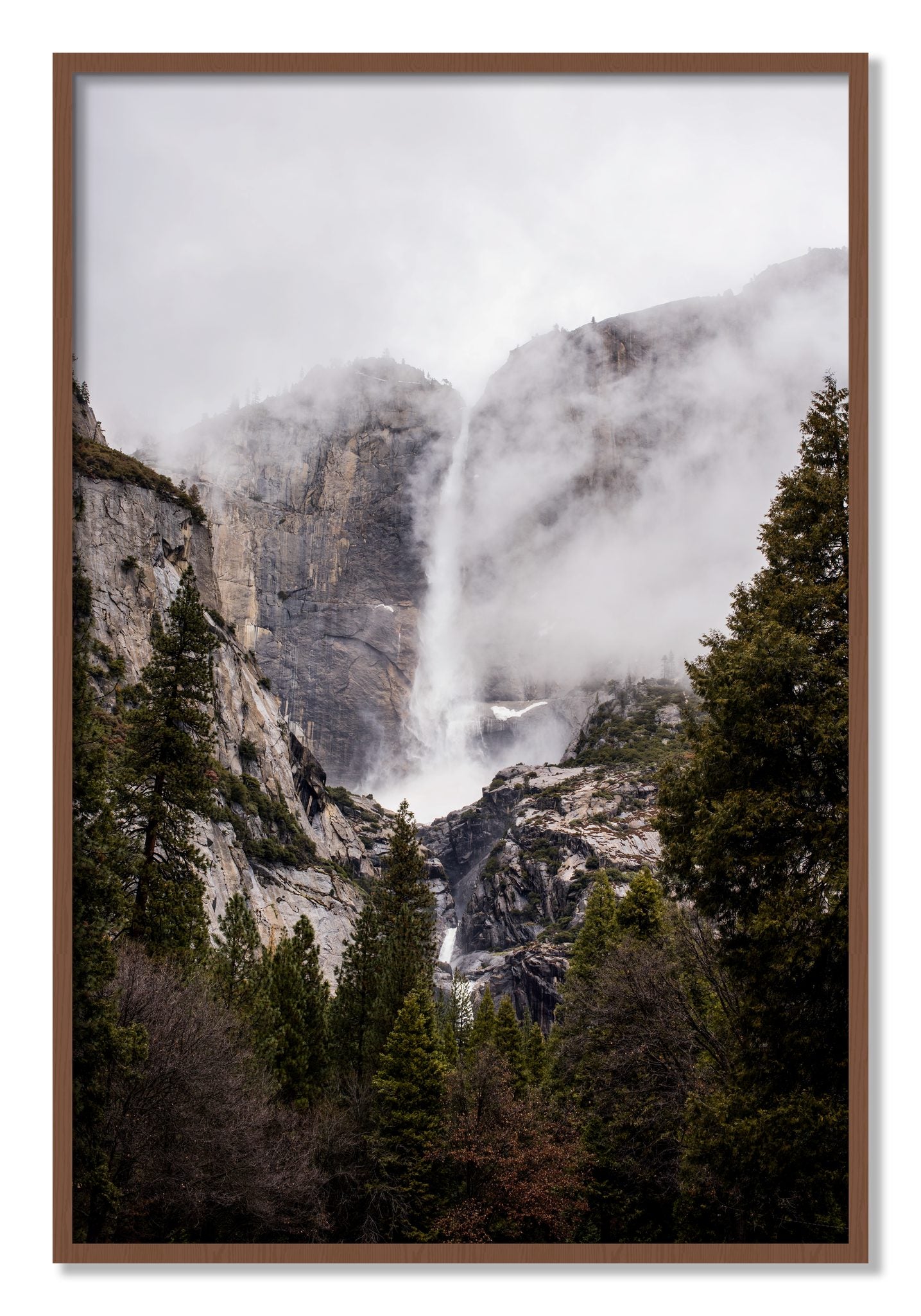 Framed photograph of Yosemite Falls by Dylan Ozanich, Walnut frame, Full Bleed