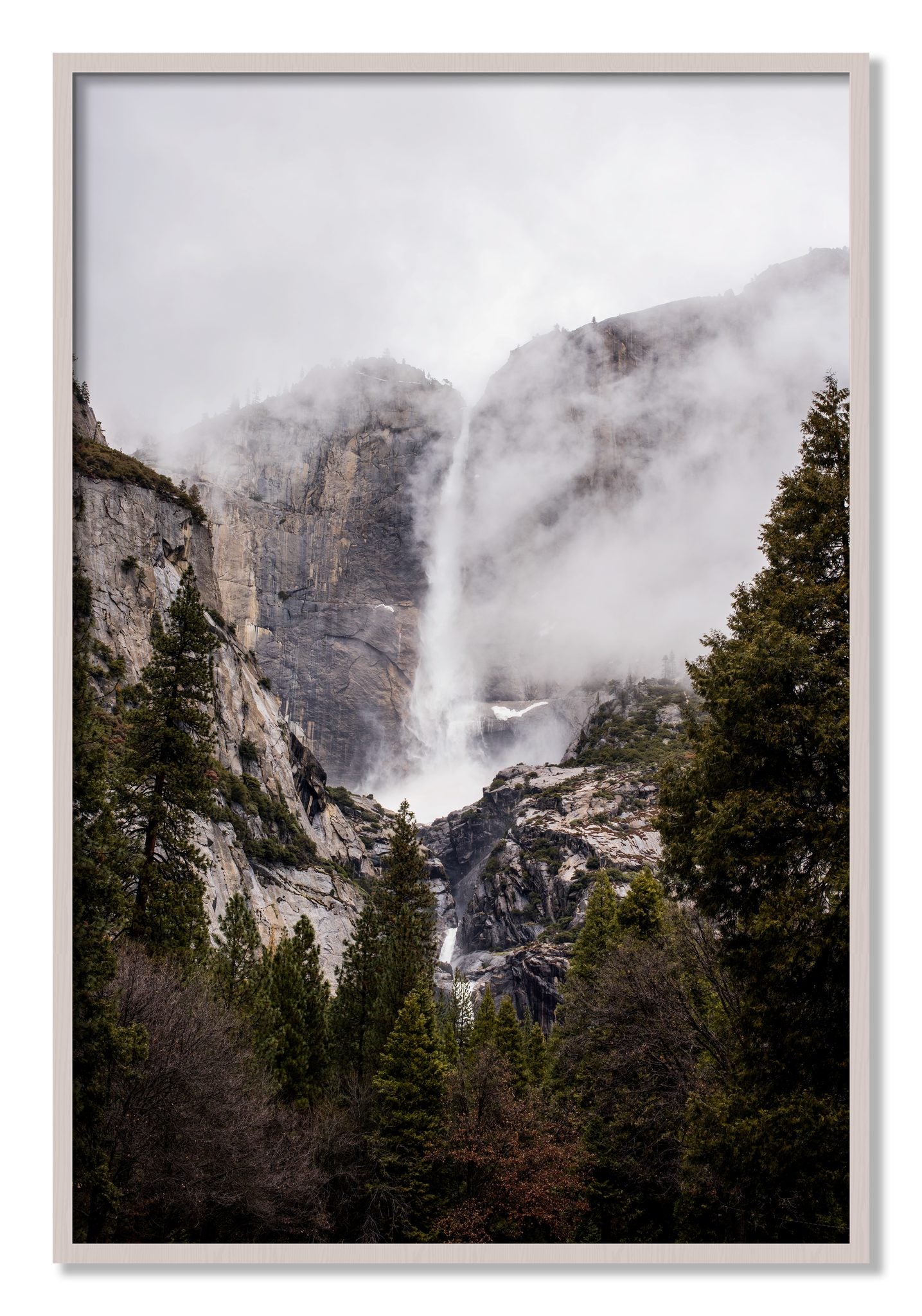 Framed photograph of Yosemite Falls by Dylan Ozanich, White Maple frame, Full Bleed