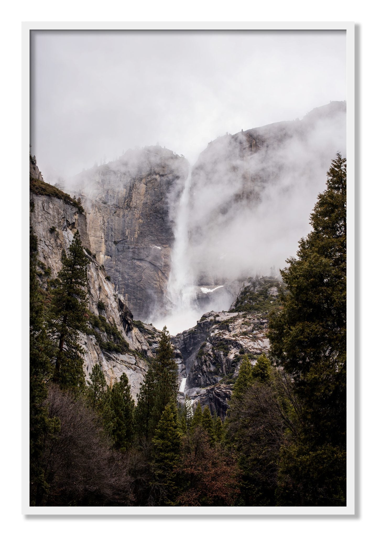 Framed photograph of Yosemite Falls by Dylan Ozanich, White frame, Full Bleed