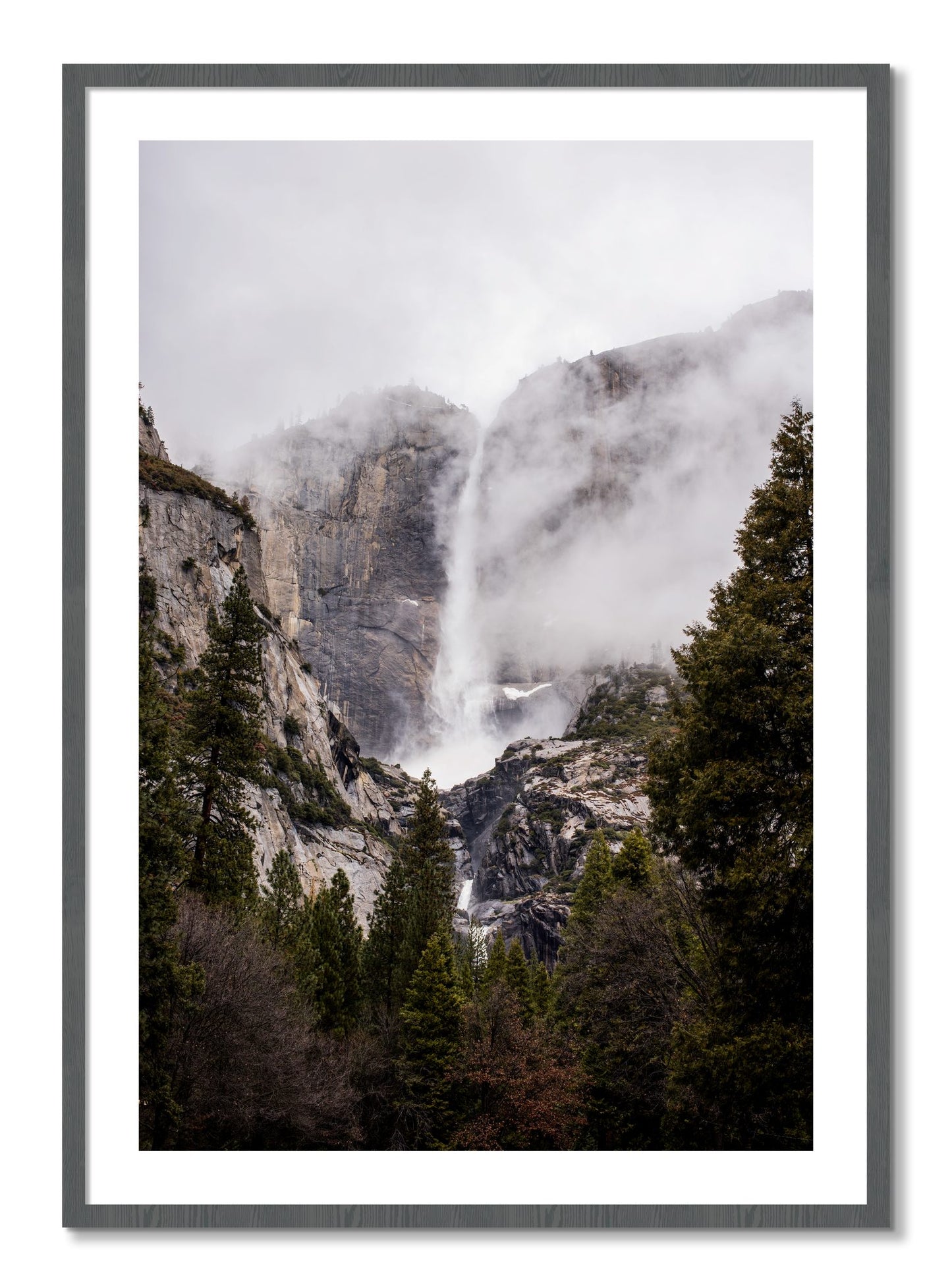 Framed photograph of Yosemite Falls by Dylan Ozanich, Grey frame, Borders