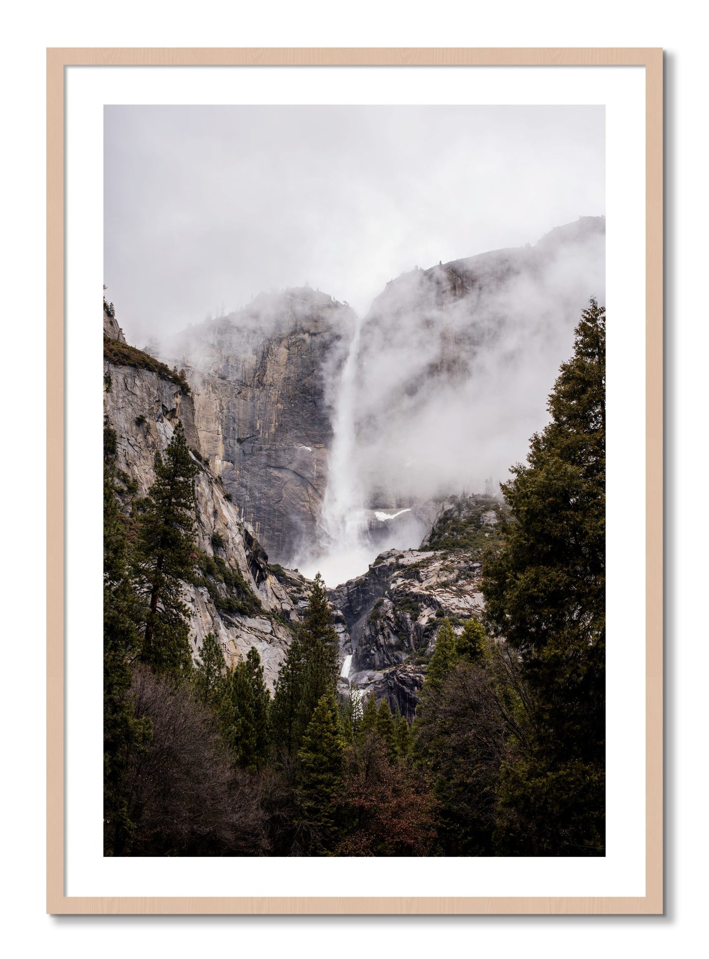 Framed photograph of Yosemite Falls by Dylan Ozanich, Maple frame, Borders