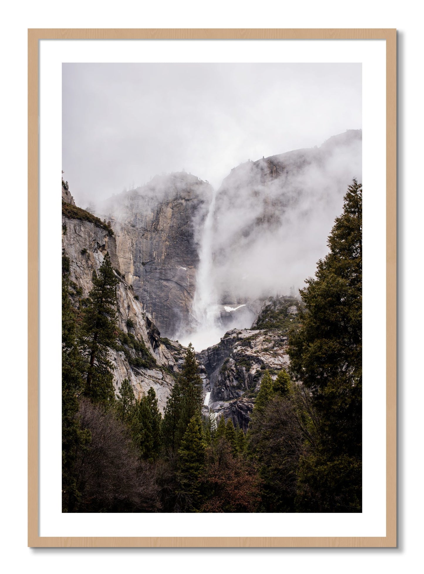 Framed photograph of Yosemite Falls by Dylan Ozanich, Oak frame, Borders