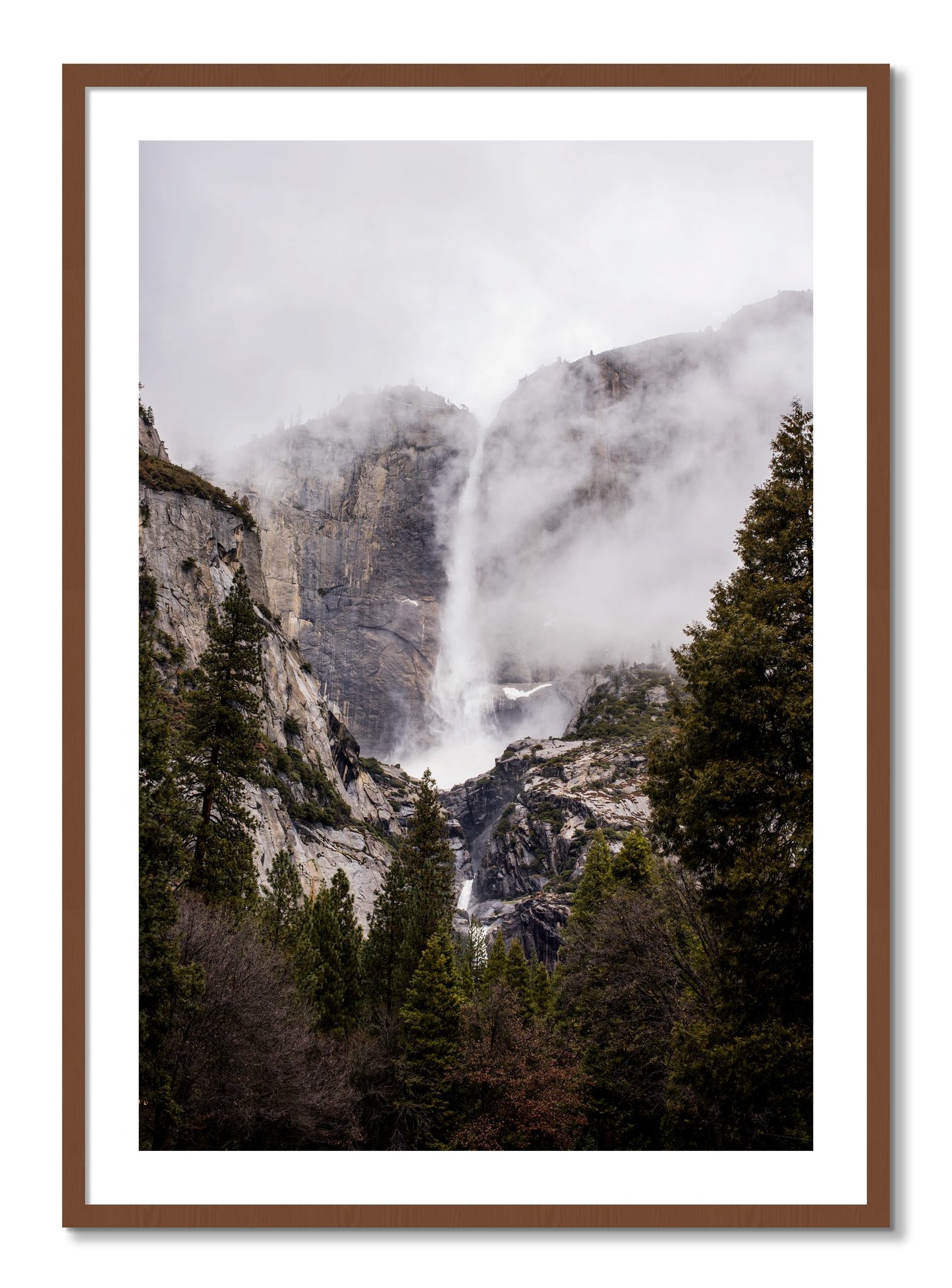 Framed photograph of Yosemite Falls by Dylan Ozanich, Walnut frame, Borders