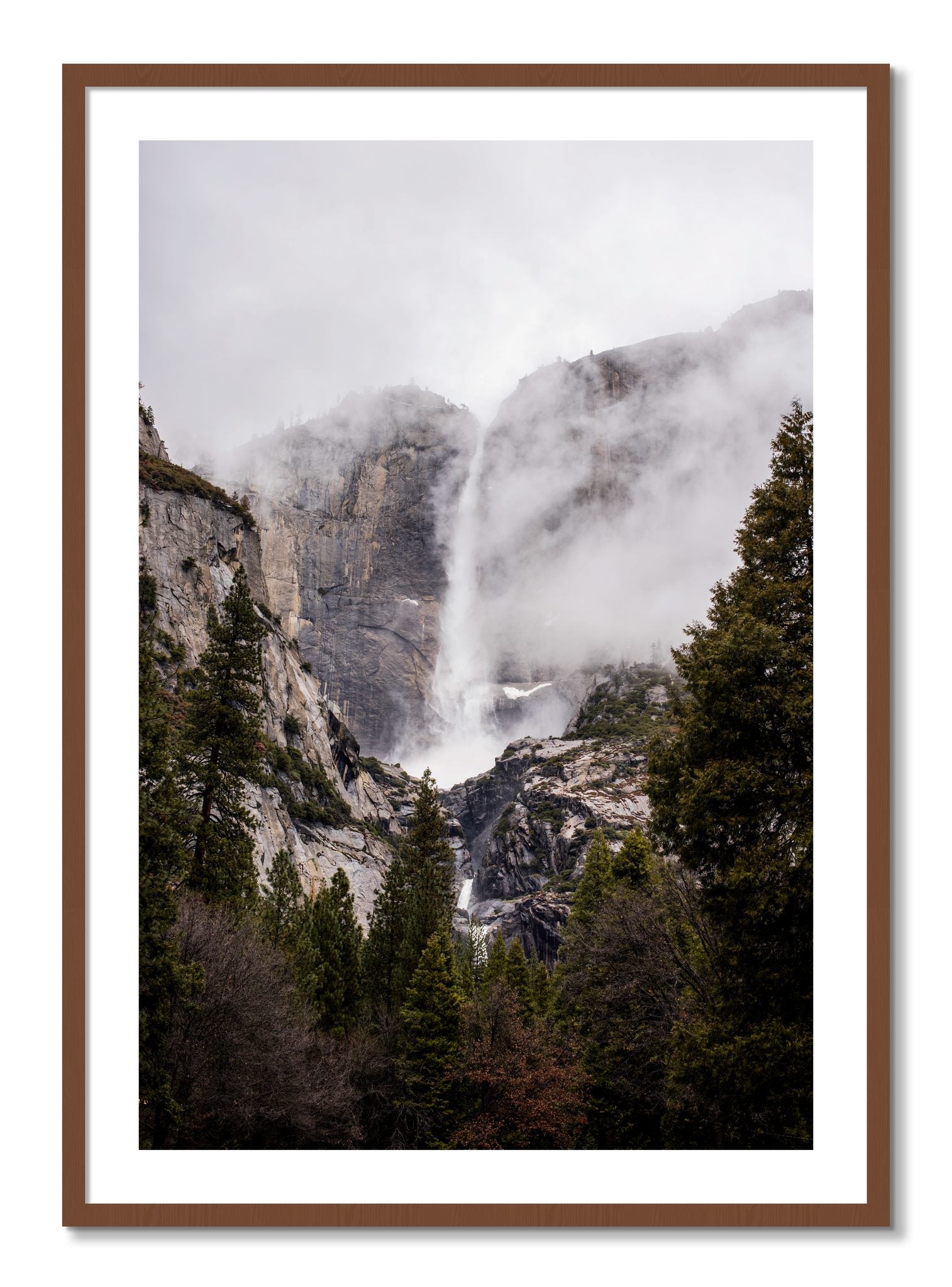 Framed photograph of Yosemite Falls by Dylan Ozanich, Walnut frame, Borders