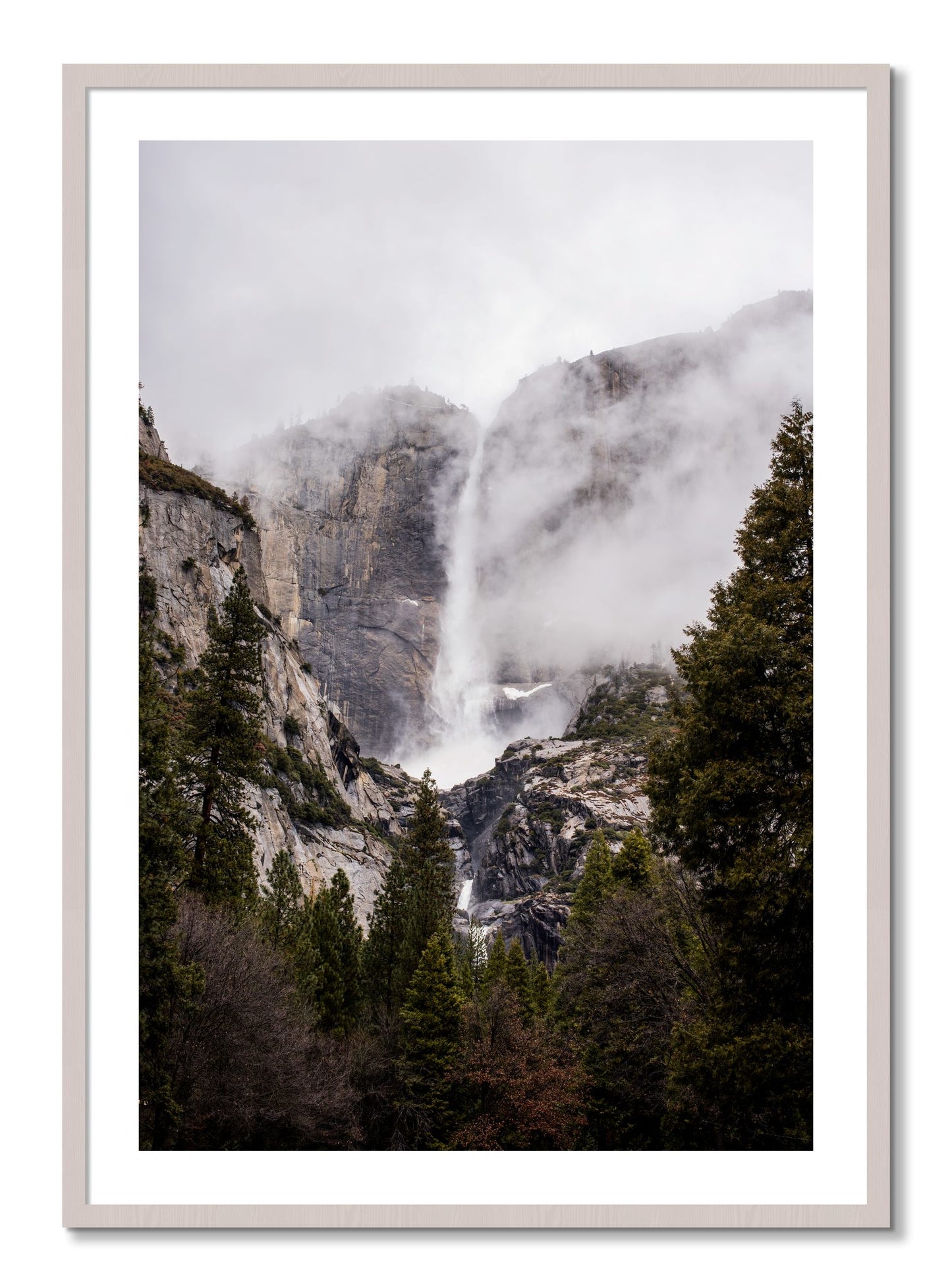 Framed photograph of Yosemite Falls by Dylan Ozanich, White Maple frame, Borders