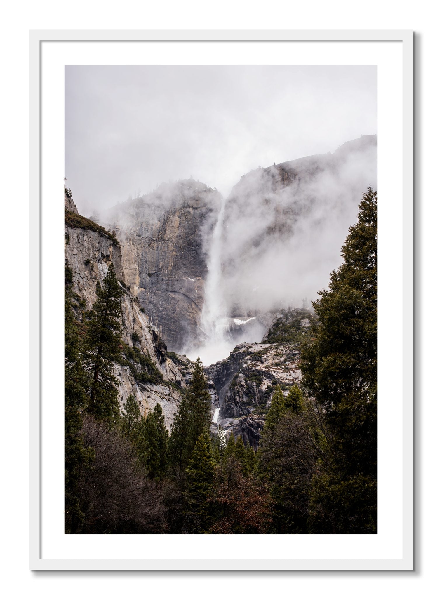 Framed photograph of Yosemite Falls by Dylan Ozanich, White frame, Borders