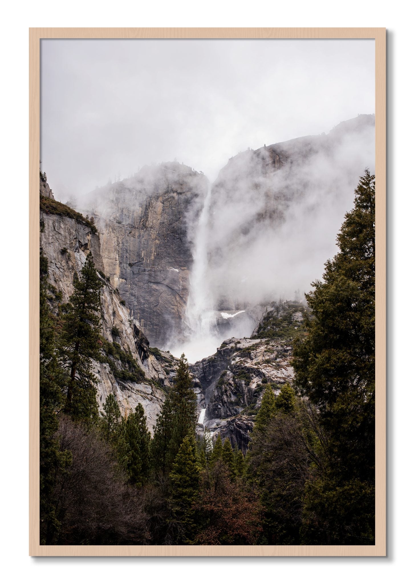 Framed photograph of Yosemite Falls by Dylan Ozanich, Maple frame, Full Bleed