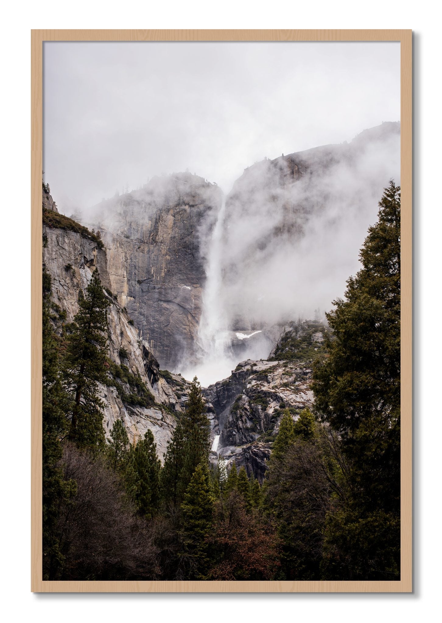 Framed photograph of Yosemite Falls by Dylan Ozanich, Oak frame, Full Bleed
