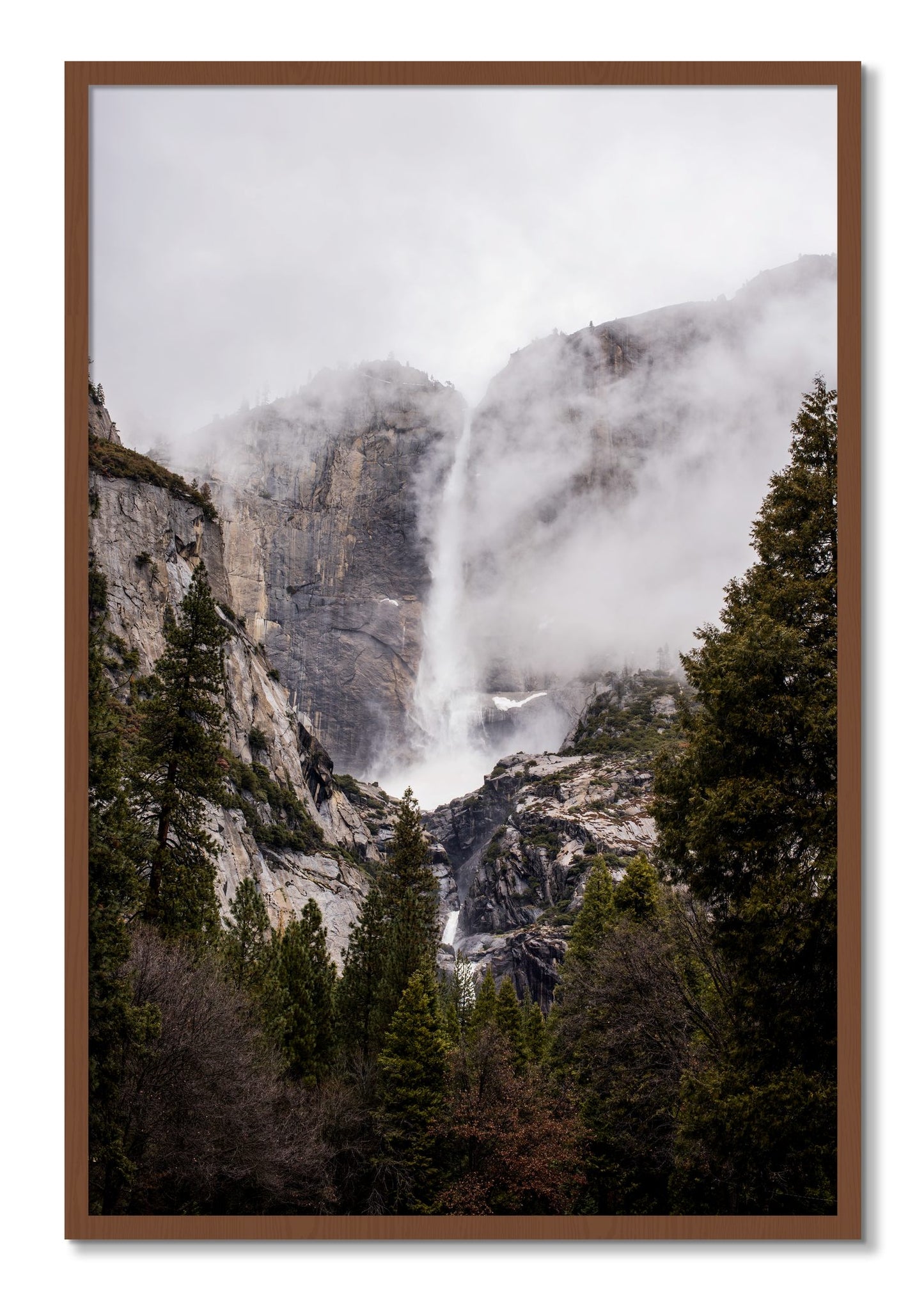 Framed photograph of Yosemite Falls by Dylan Ozanich, Walnut frame, Full Bleed