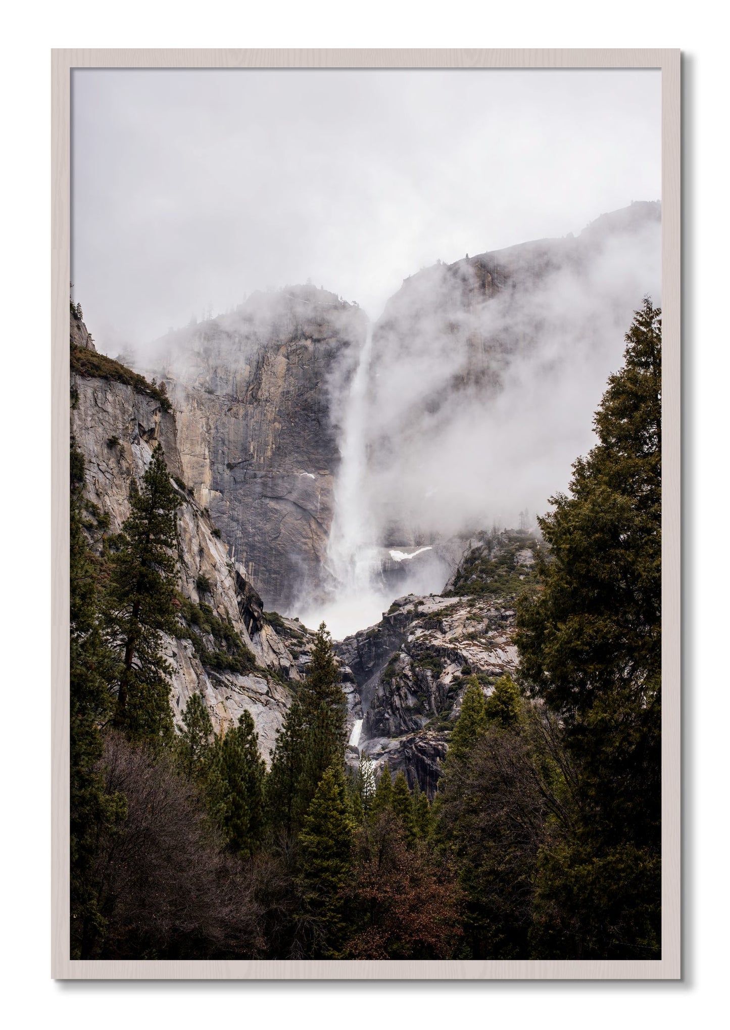 Framed photograph of Yosemite Falls by Dylan Ozanich, White Maple frame, Full Bleed
