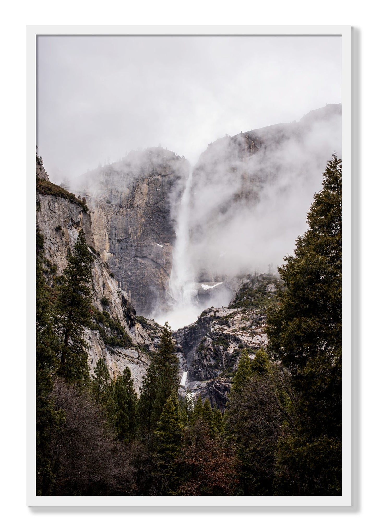 Framed photograph of Yosemite Falls by Dylan Ozanich, White frame, Full Bleed
