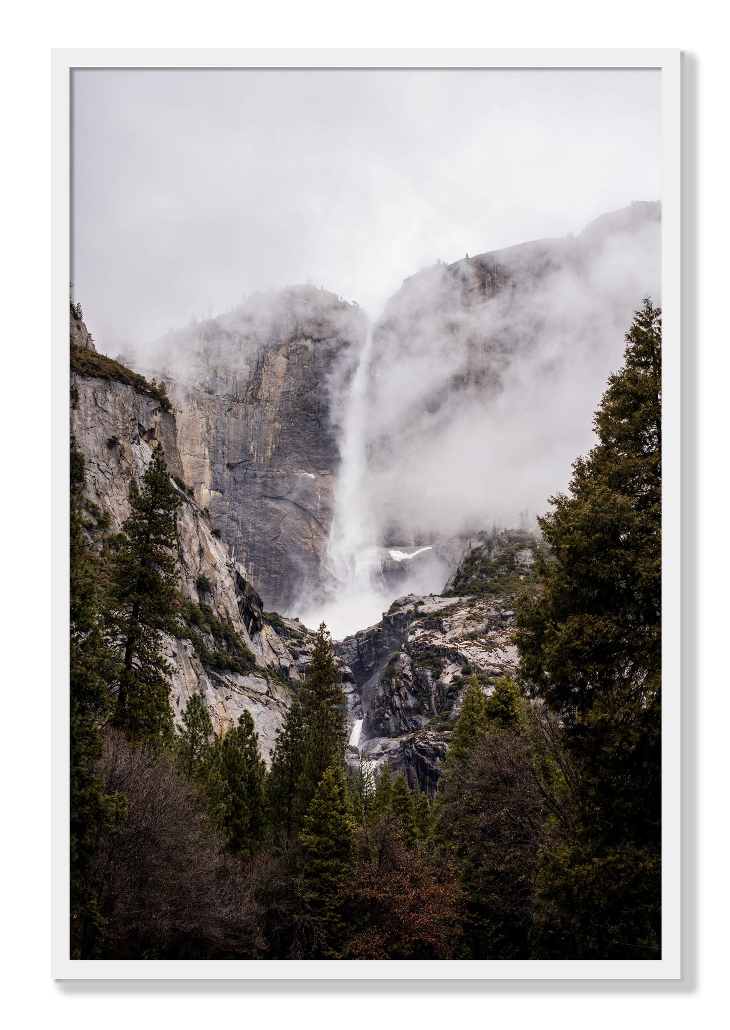 Framed photograph of Yosemite Falls by Dylan Ozanich, White frame, Full Bleed