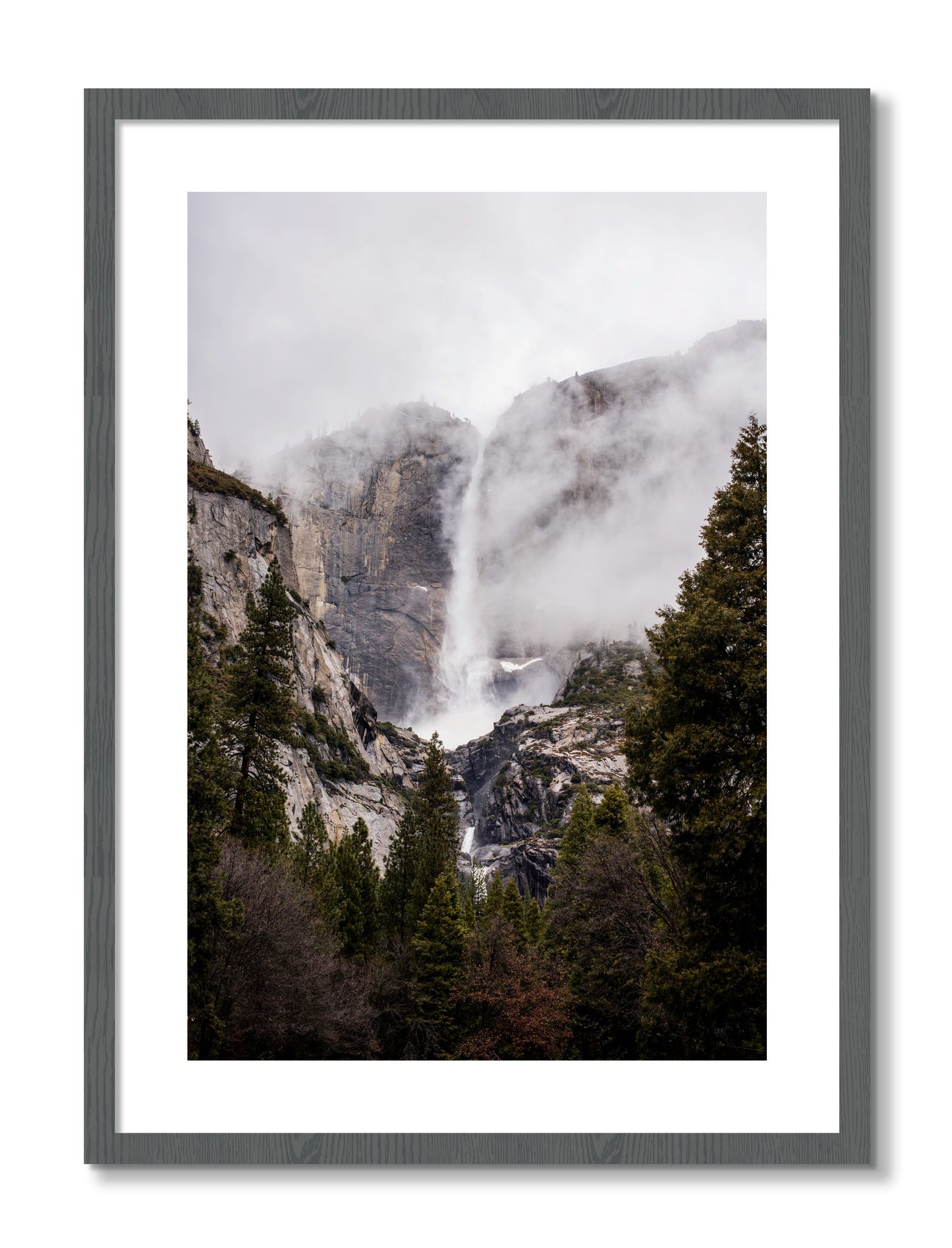 Framed photograph of Yosemite Falls by Dylan Ozanich, Grey frame, Borders