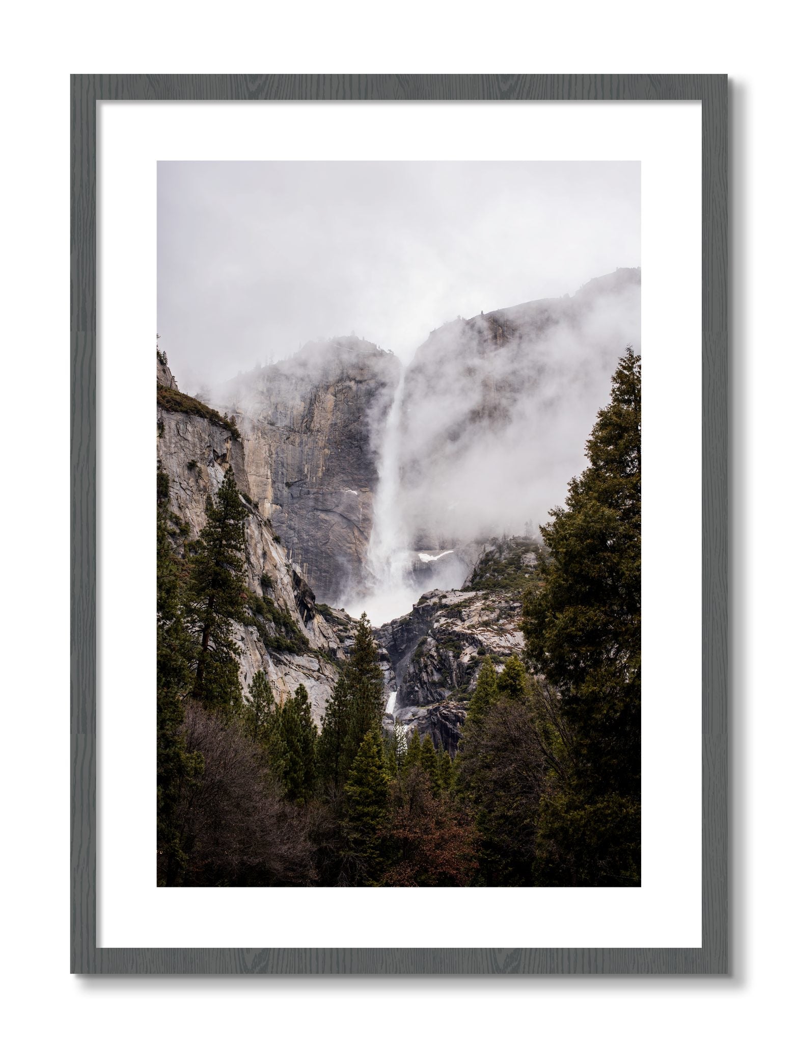 Framed photograph of Yosemite Falls by Dylan Ozanich, Grey frame, Borders