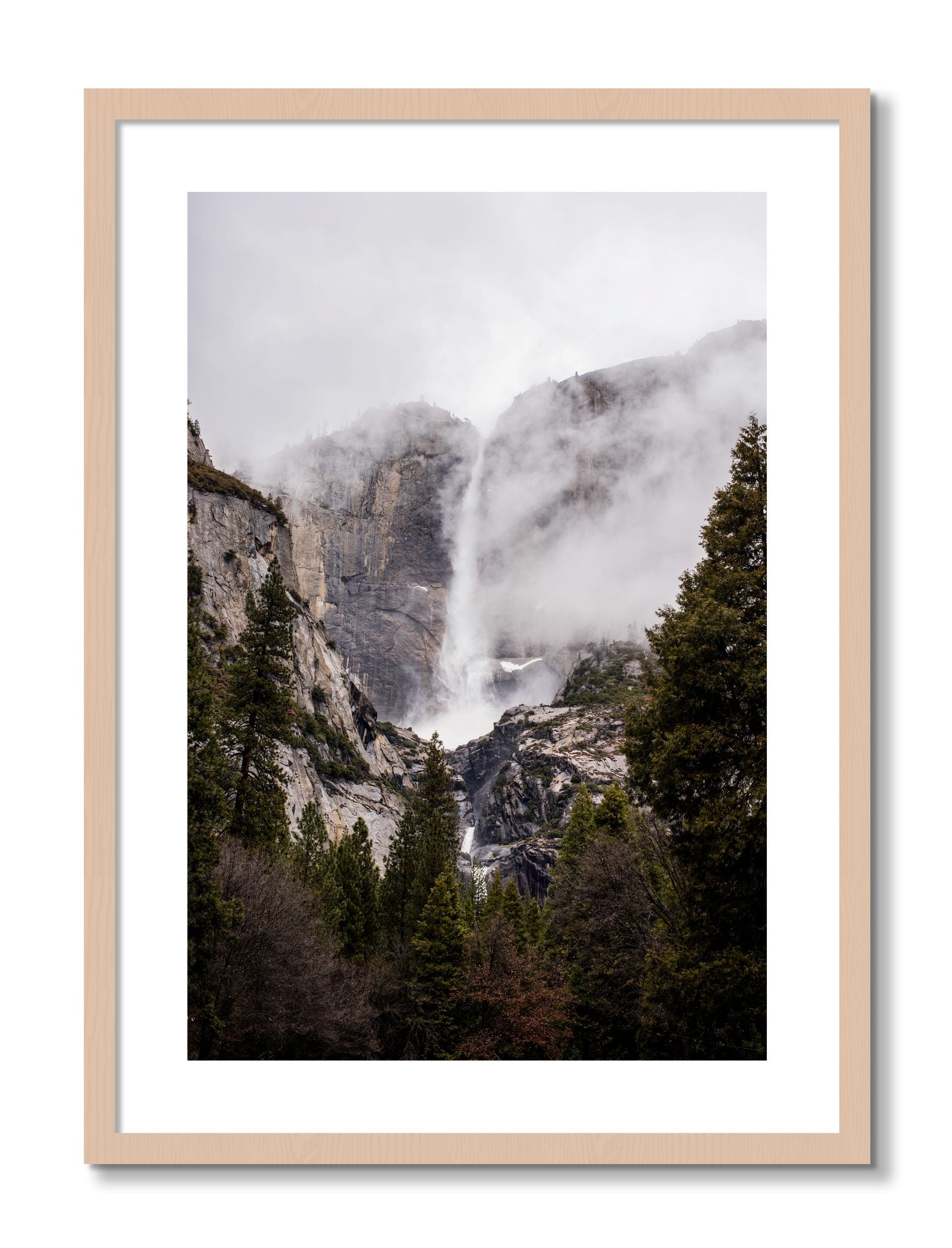 Framed photograph of Yosemite Falls by Dylan Ozanich, Maple frame, Borders