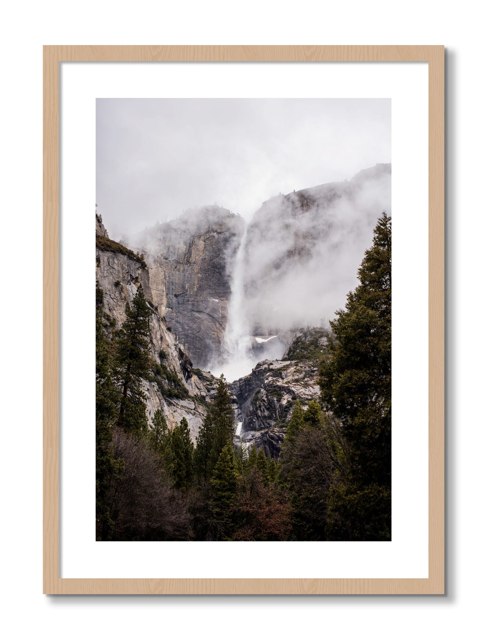 Framed photograph of Yosemite Falls by Dylan Ozanich, Oak frame, Borders