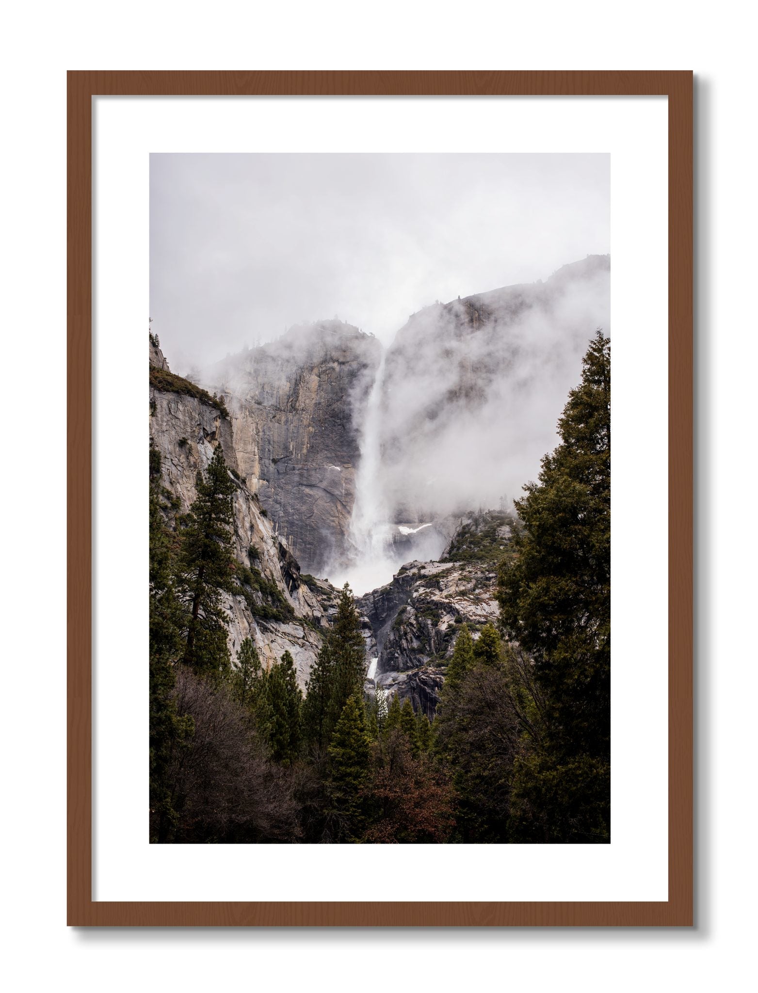 Framed photograph of Yosemite Falls by Dylan Ozanich, Walnut frame, Borders