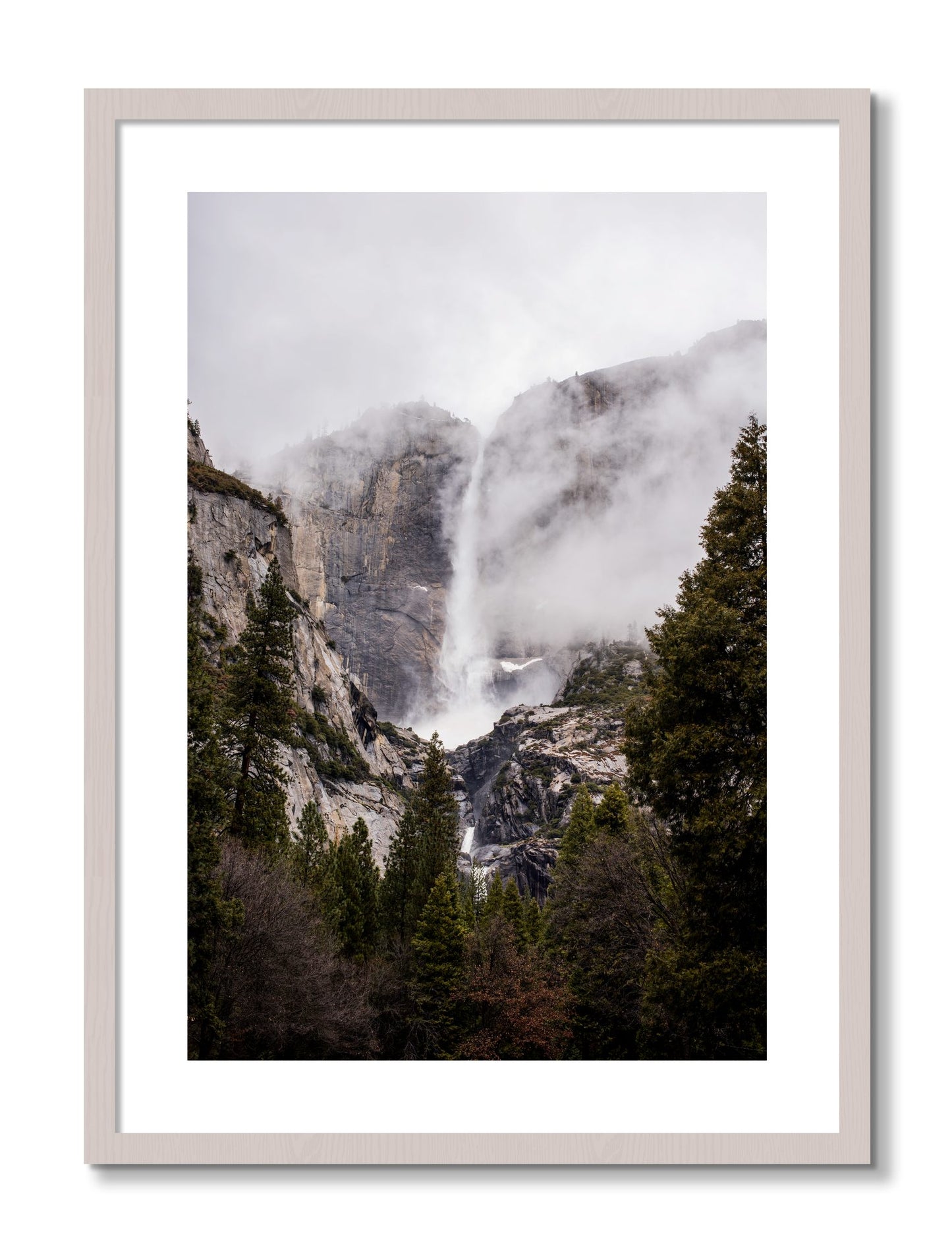 Framed photograph of Yosemite Falls by Dylan Ozanich, White Maple frame, Borders