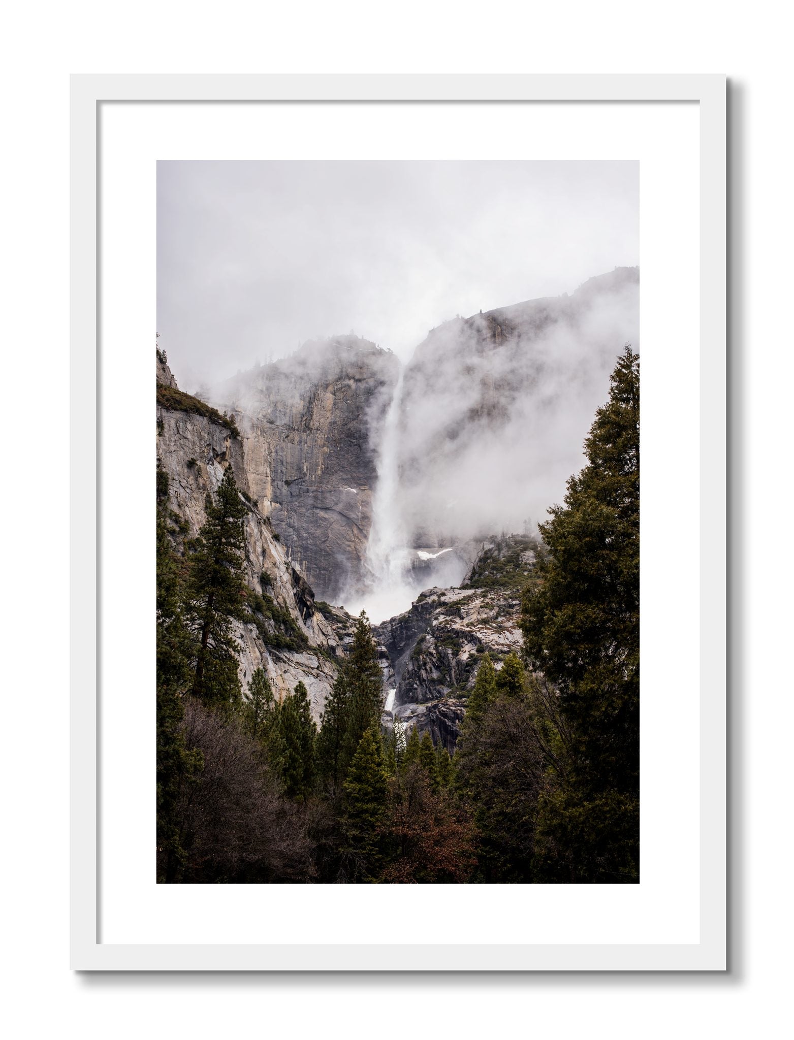 Framed photograph of Yosemite Falls by Dylan Ozanich, White frame, Borders