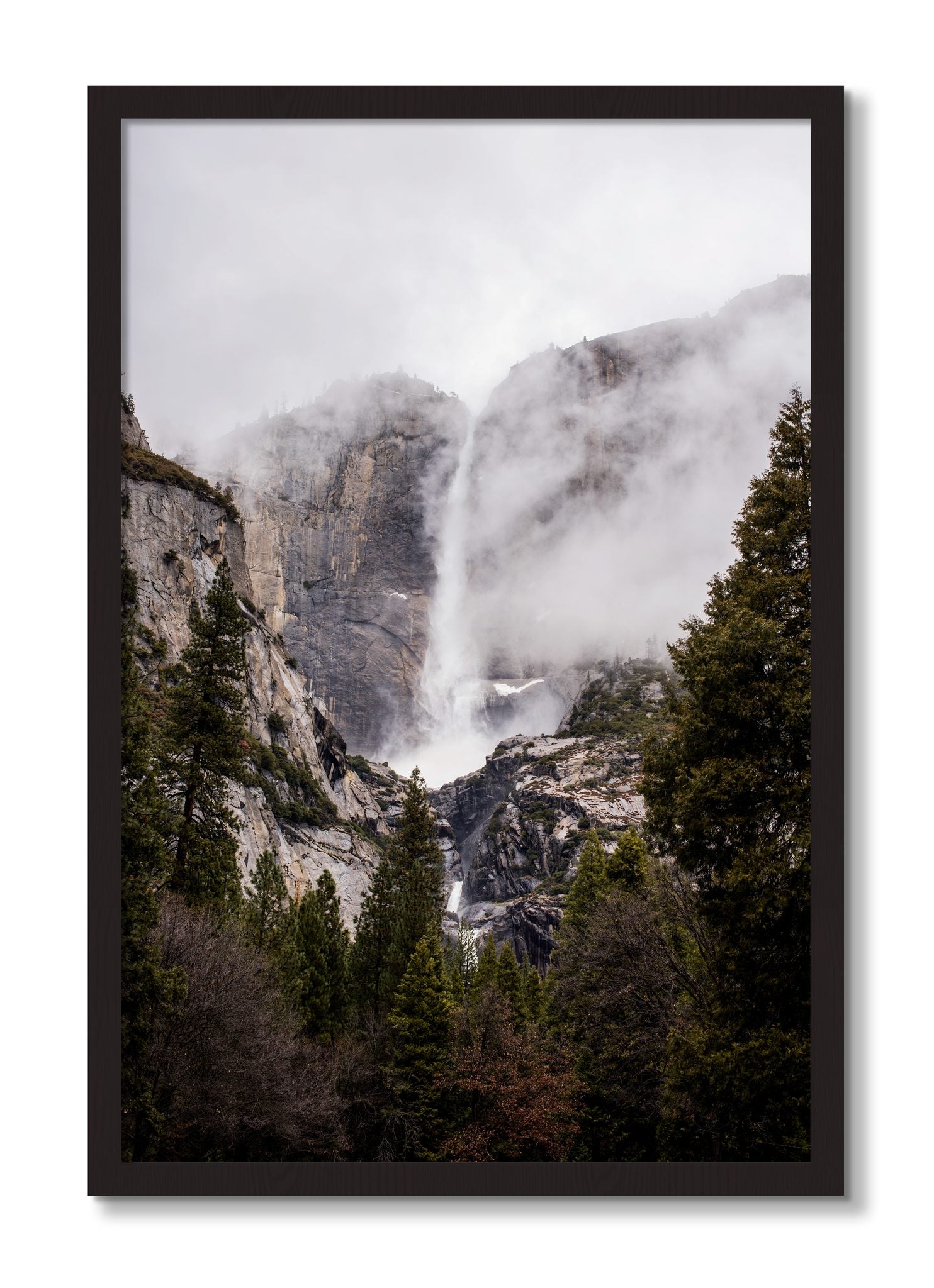 Framed photograph of Yosemite Falls by Dylan Ozanich, Black Walnut frame, Full Bleed