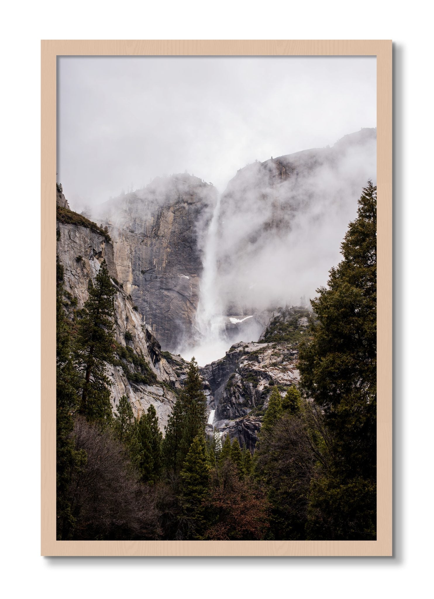 Framed photograph of Yosemite Falls by Dylan Ozanich, Maple frame, Full Bleed