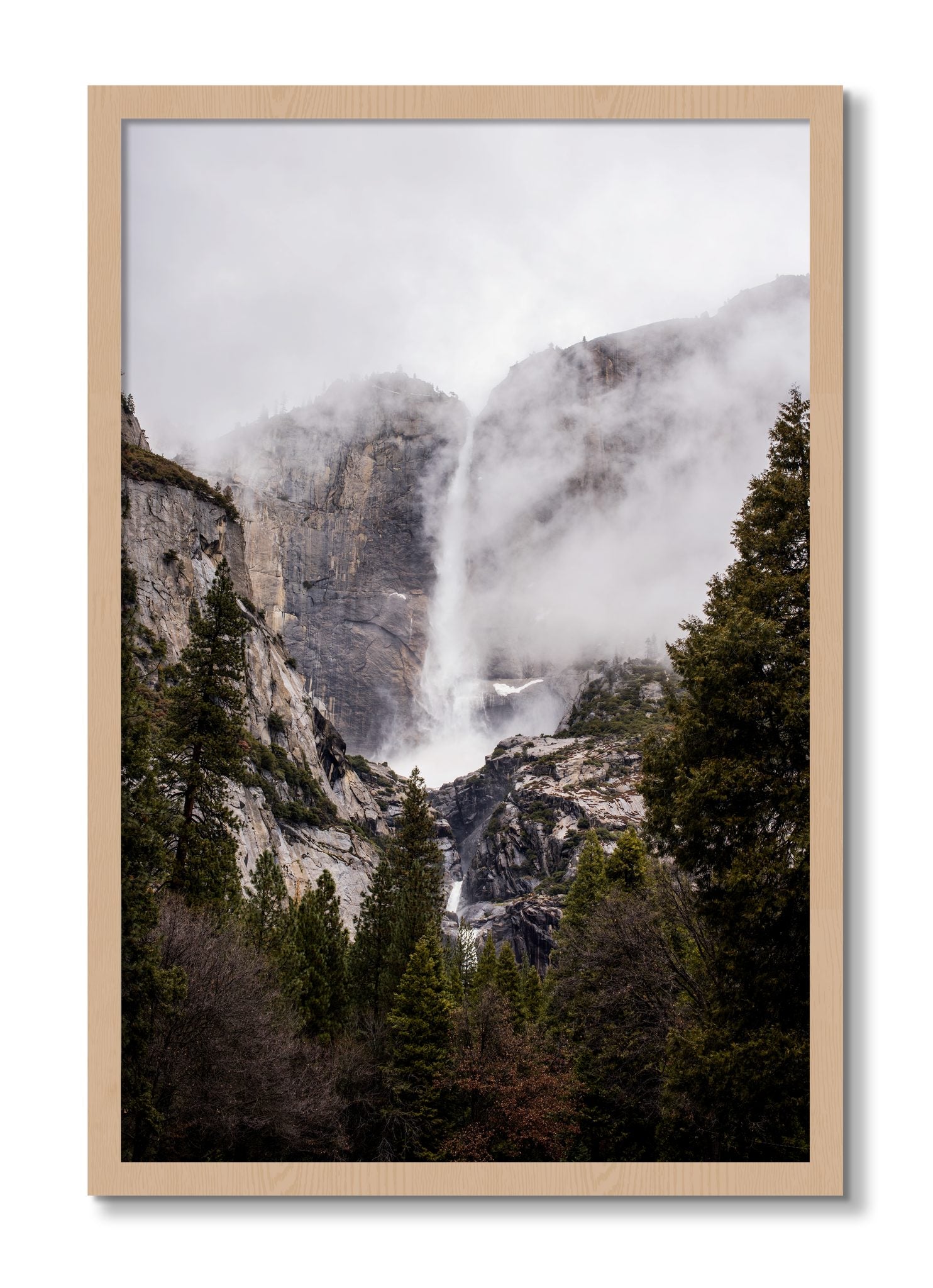 Framed photograph of Yosemite Falls by Dylan Ozanich, Oak frame, Full Bleed