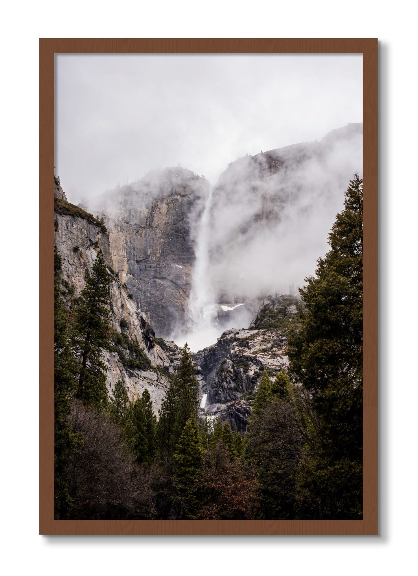 Framed photograph of Yosemite Falls by Dylan Ozanich, Walnut frame, Full Bleed